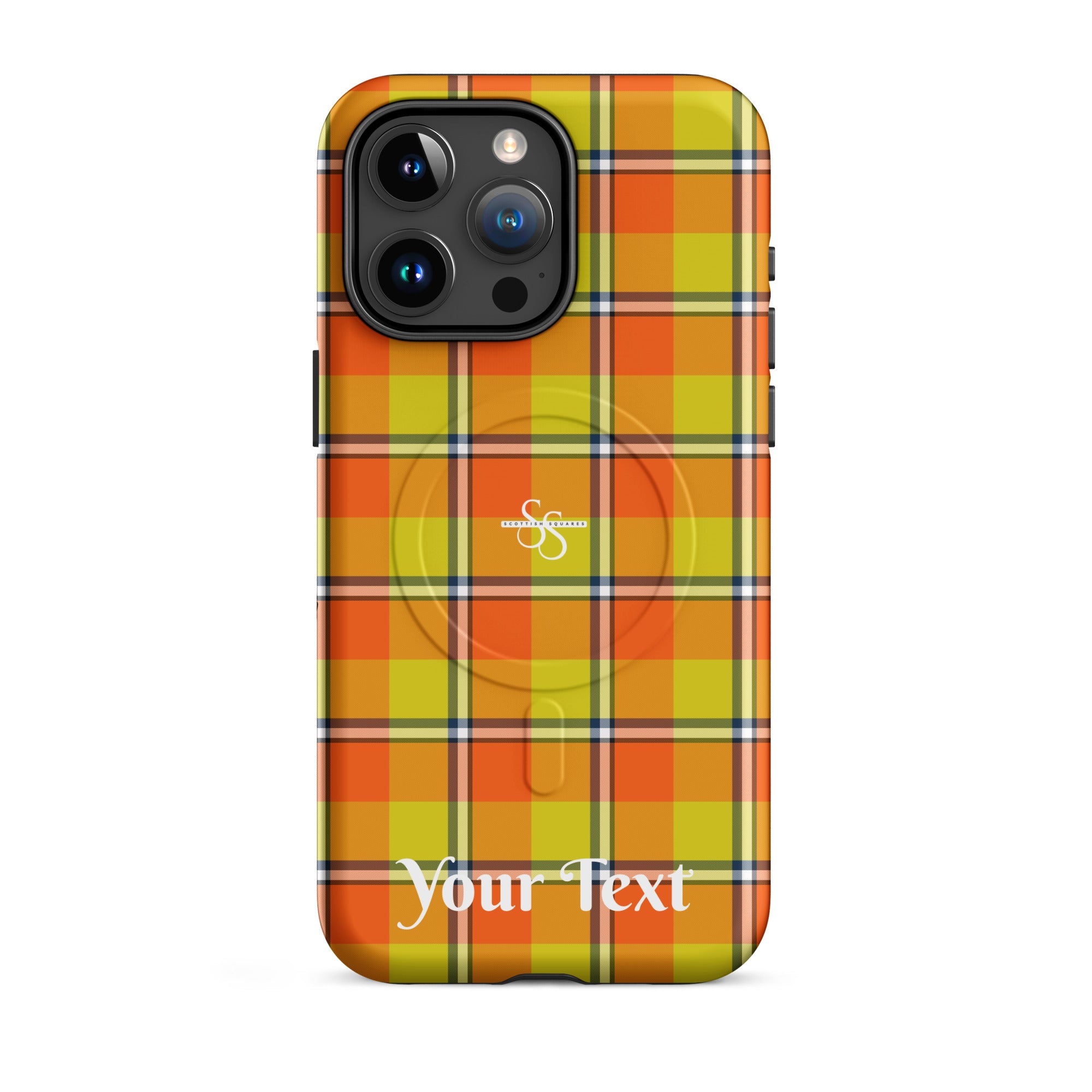 Personalized Blaze Orange and Bird Flower Plaid iPhone MagSafe Tough Case - Scottish Squares