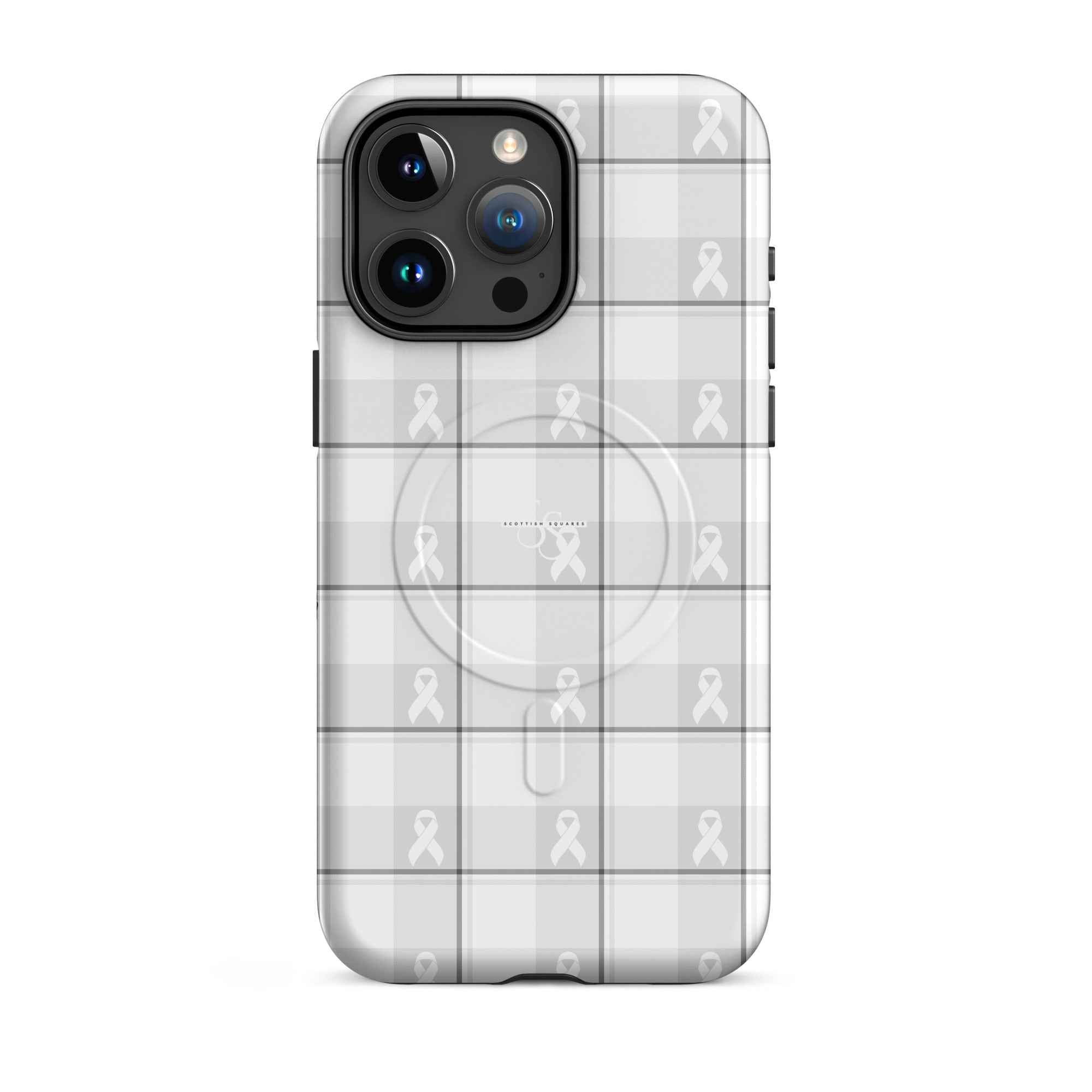MagSafe Tough Case for iPhone Lung Cancer Awareness Plaid, White Ribbon, Supportive Gift iPhone 15 Pro Max - Scottish Squares