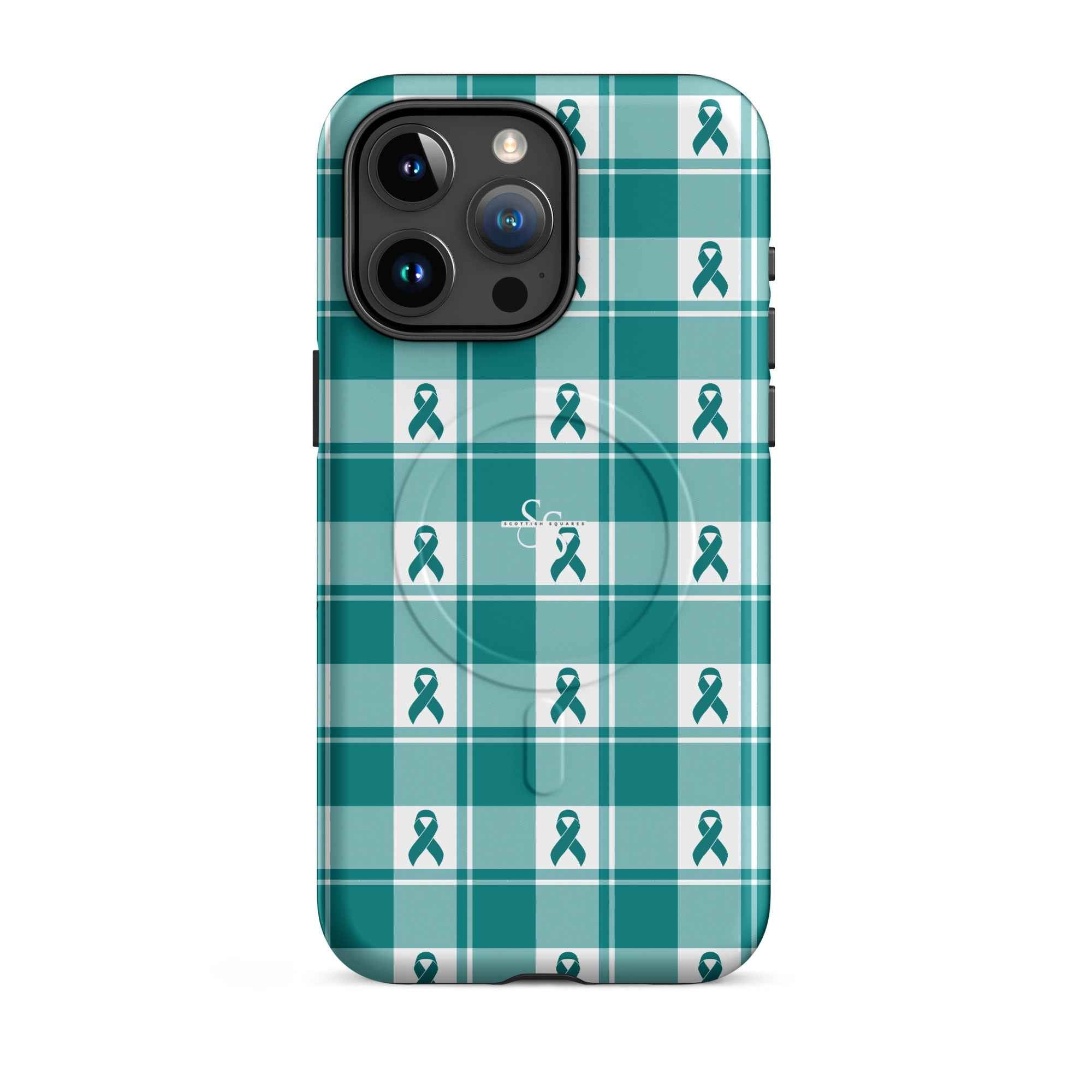 MagSafe Tough Case for iPhone Cervical Cancer Awareness Plaid, Teal Ribbon, Supportive Gift iPhone 15 Pro Max - Scottish Squares