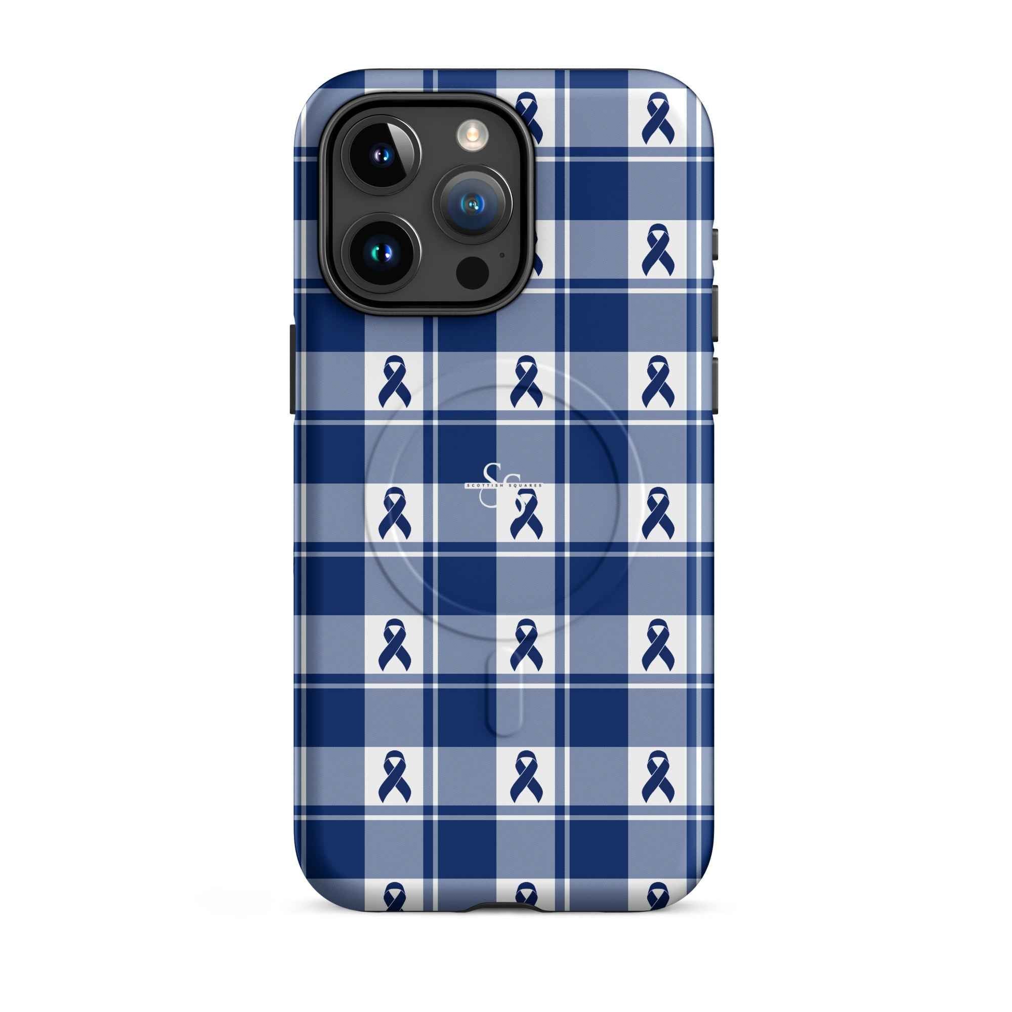 MagSafe Tough Case for iPhone Colorectal Cancer Awareness Plaid, Dark Blue Ribbon, Supportive Gift iPhone 15 Pro Max - Scottish Squares