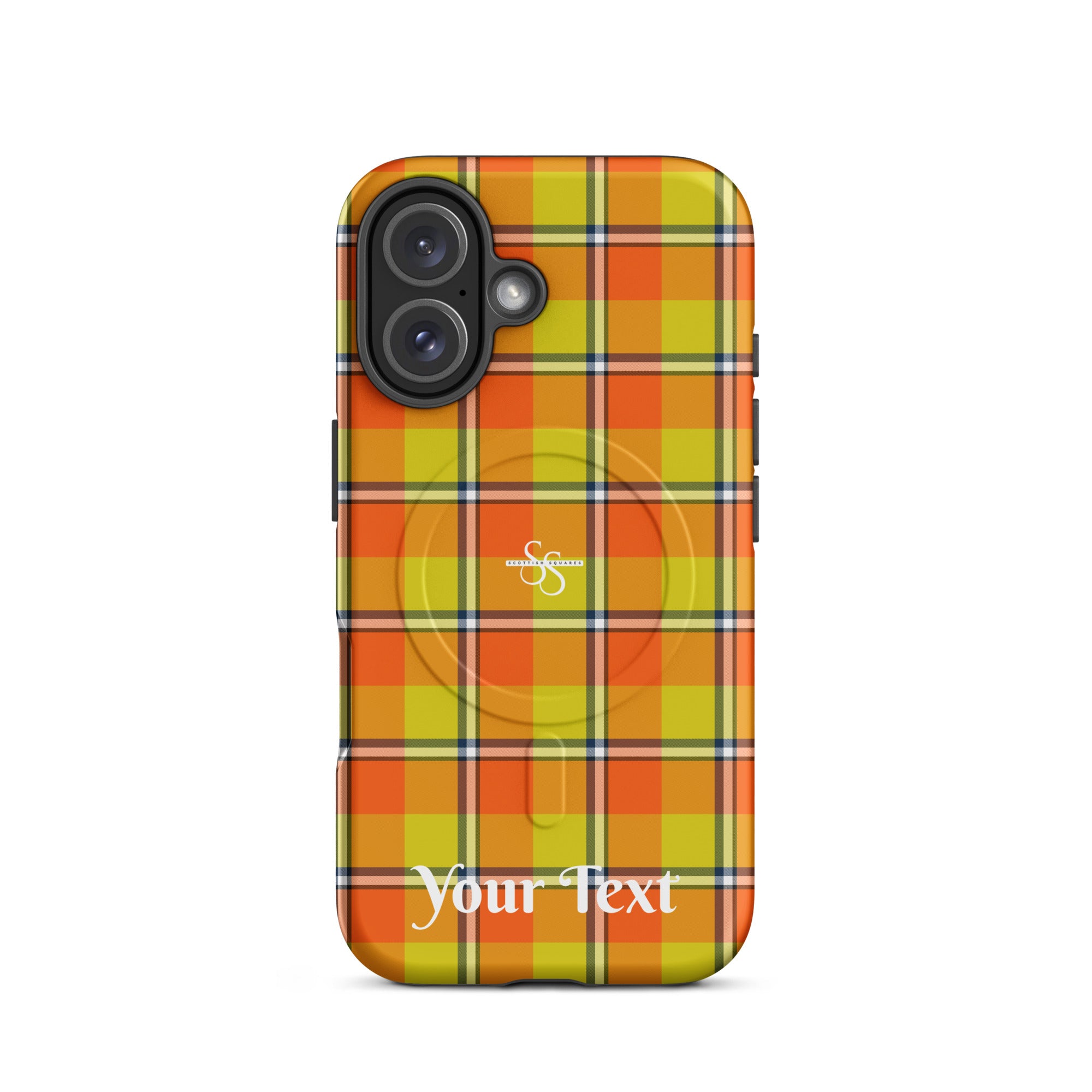 Personalized Blaze Orange and Bird Flower Plaid iPhone MagSafe Tough Case - Scottish Squares