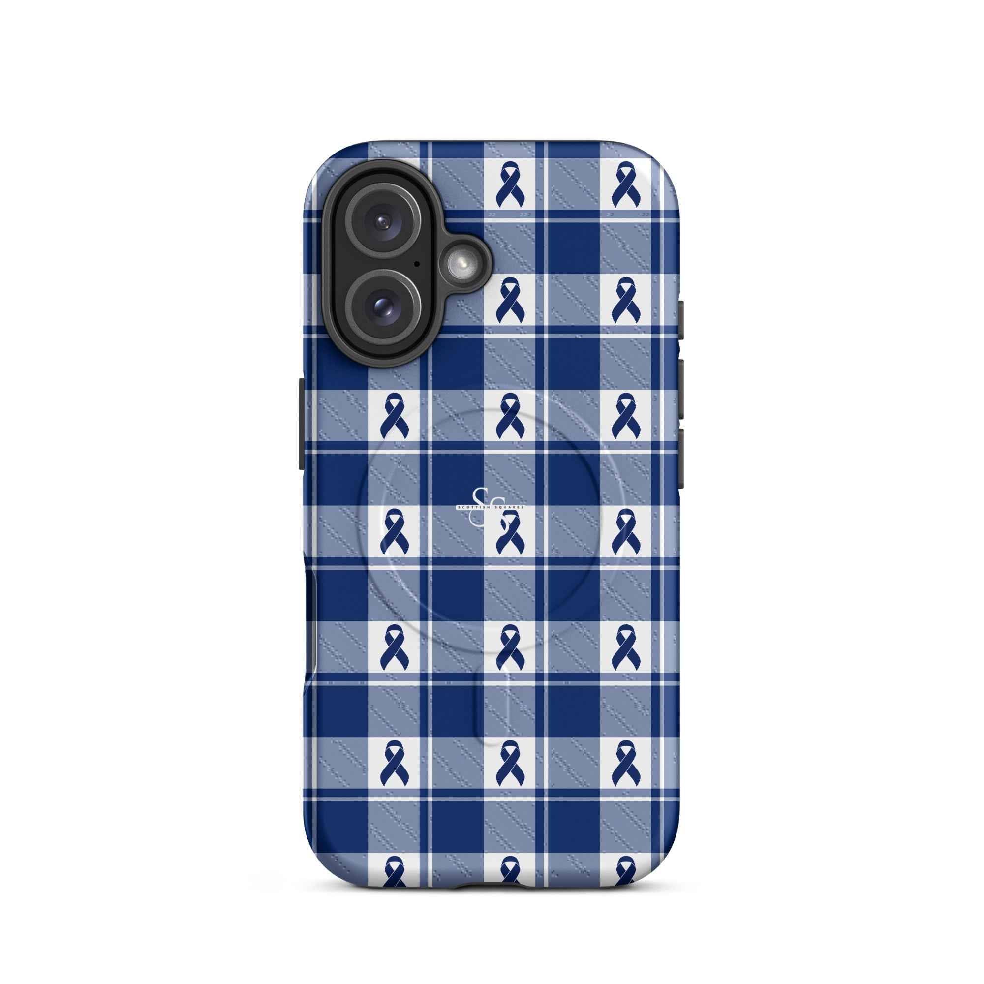 MagSafe Tough Case for iPhone Colorectal Cancer Awareness Plaid, Dark Blue Ribbon, Supportive Gift iPhone 16 - Scottish Squares