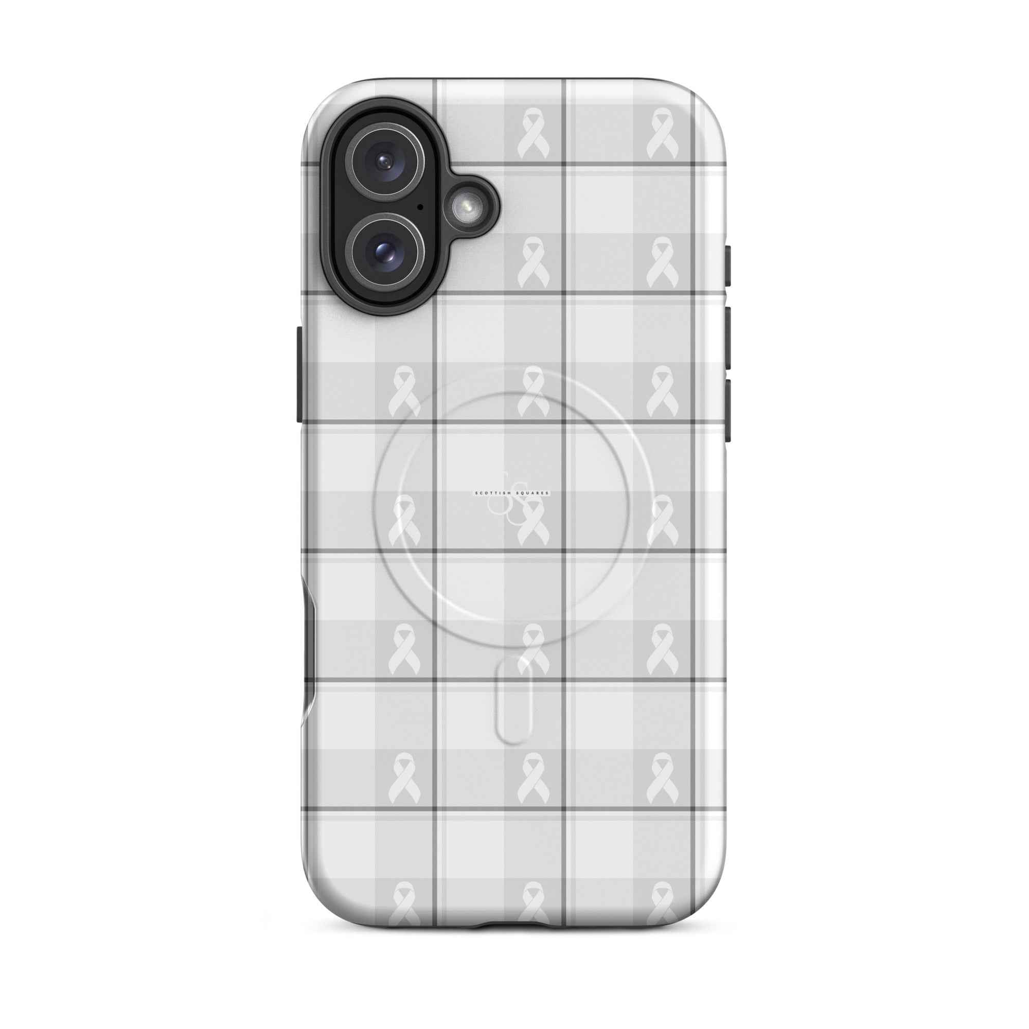 MagSafe Tough Case for iPhone Lung Cancer Awareness Plaid, White Ribbon, Supportive Gift iPhone 16 Plus - Scottish Squares