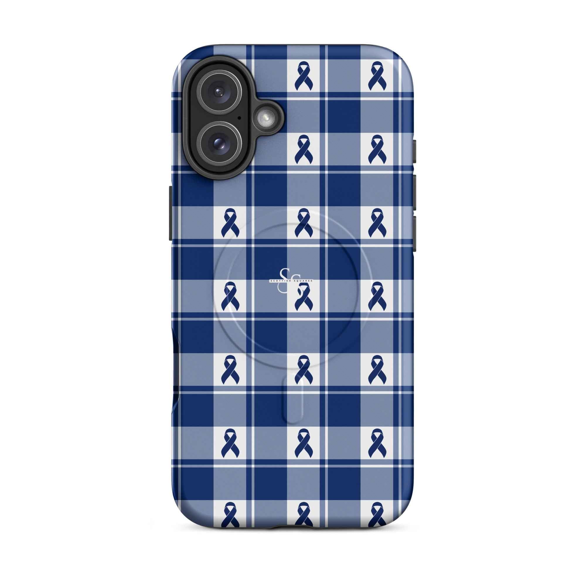 MagSafe Tough Case for iPhone Colorectal Cancer Awareness Plaid, Dark Blue Ribbon, Supportive Gift iPhone 16 Plus - Scottish Squares