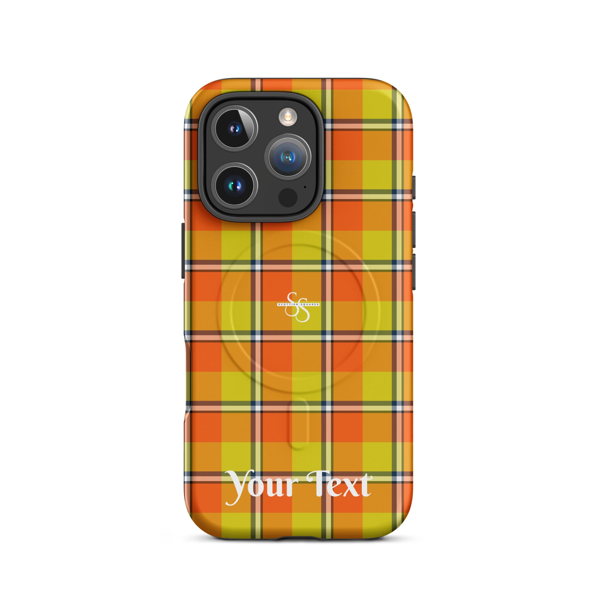 Personalized Blaze Orange and Bird Flower Plaid iPhone MagSafe Tough Case - Scottish Squares