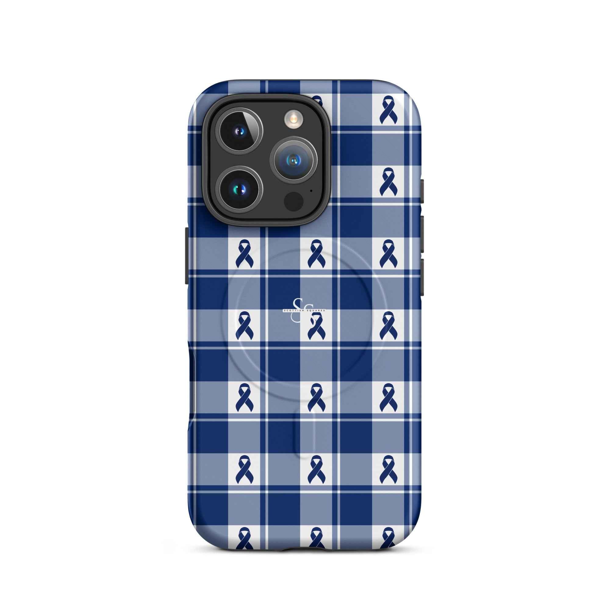 MagSafe Tough Case for iPhone Colorectal Cancer Awareness Plaid, Dark Blue Ribbon, Supportive Gift iPhone 16 Pro - Scottish Squares