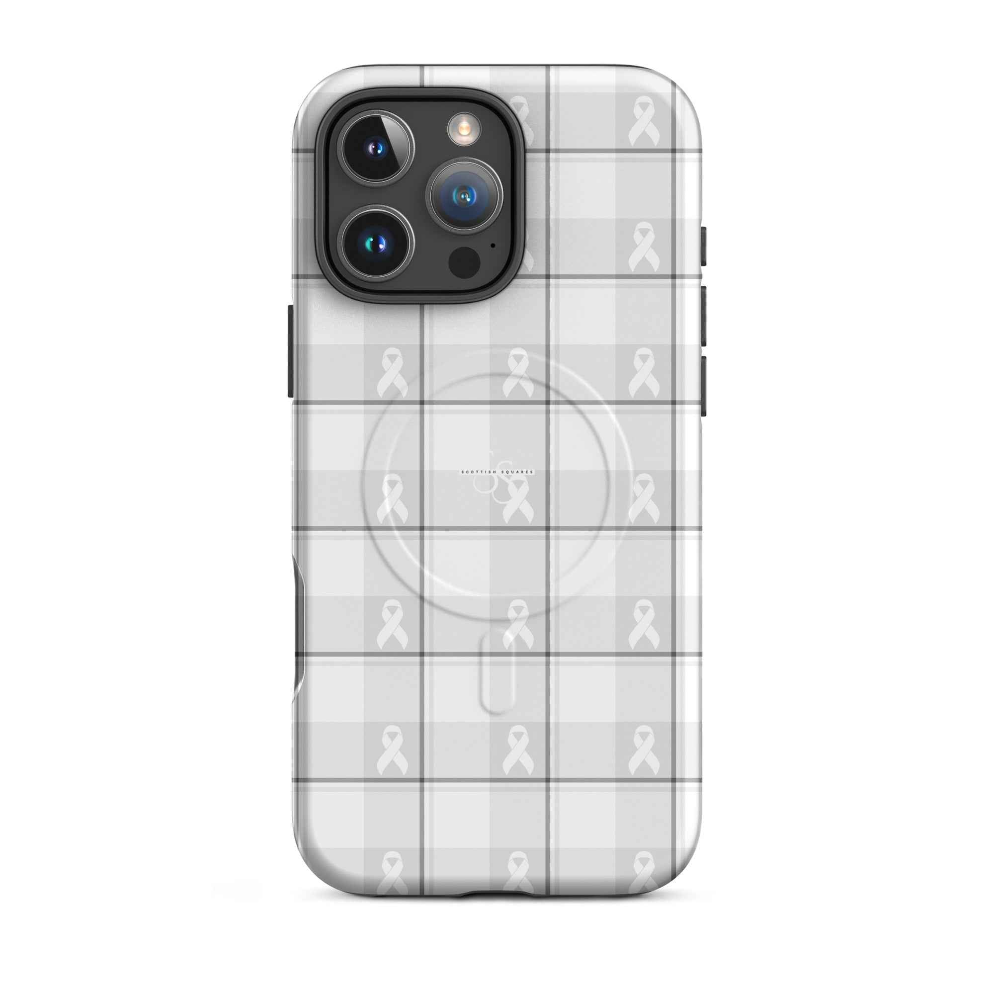 MagSafe Tough Case for iPhone Lung Cancer Awareness Plaid, White Ribbon, Supportive Gift iPhone 16 Pro Max - Scottish Squares