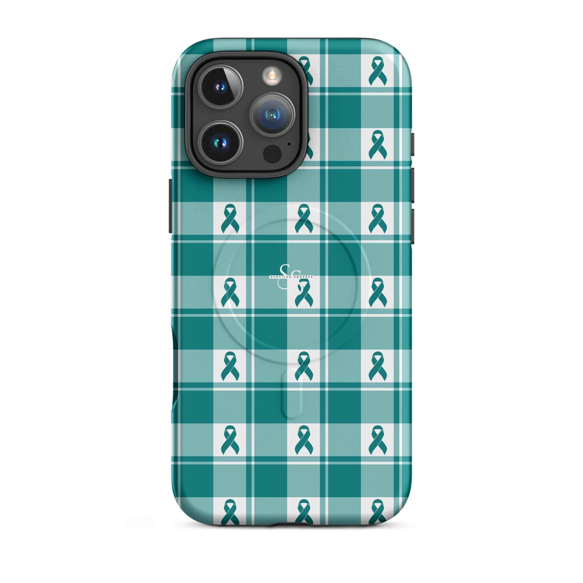 MagSafe Tough Case for iPhone Cervical Cancer Awareness Plaid, Teal Ribbon, Supportive Gift iPhone 16 Pro Max - Scottish Squares
