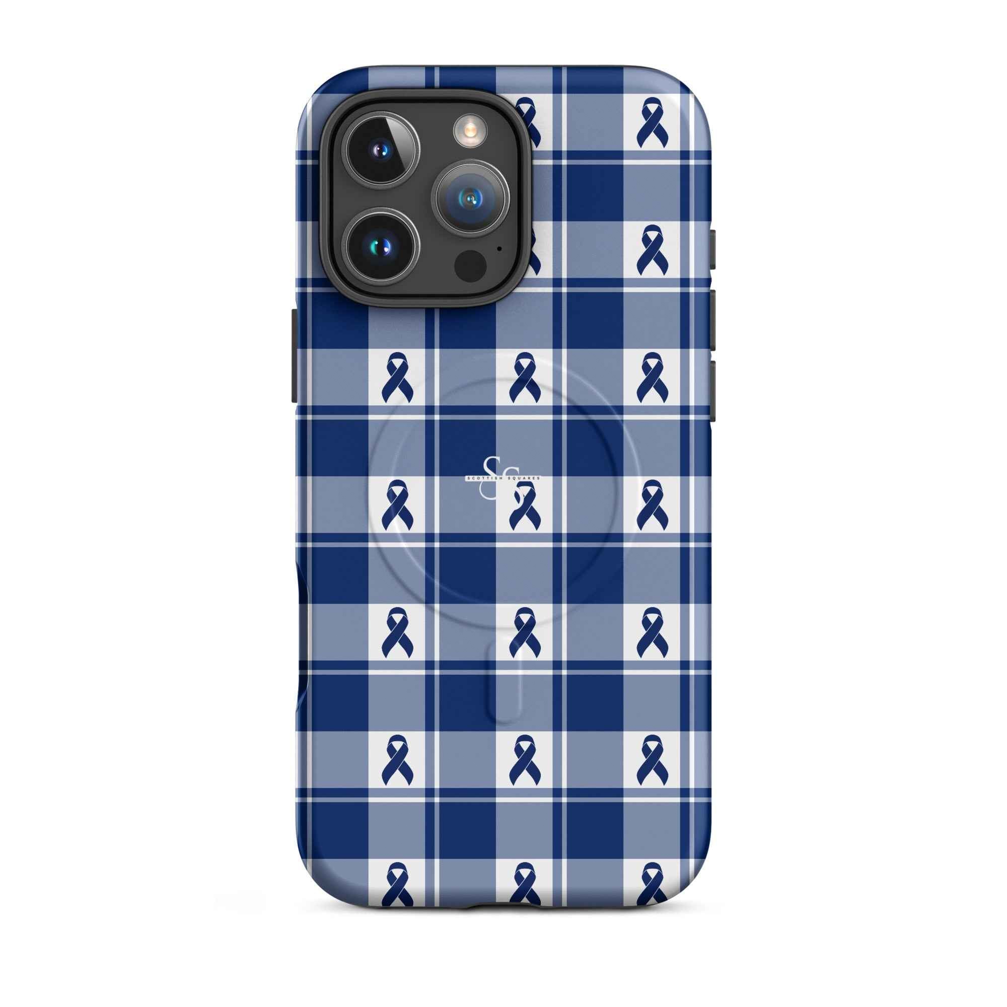 MagSafe Tough Case for iPhone Colorectal Cancer Awareness Plaid, Dark Blue Ribbon, Supportive Gift iPhone 16 Pro Max - Scottish Squares