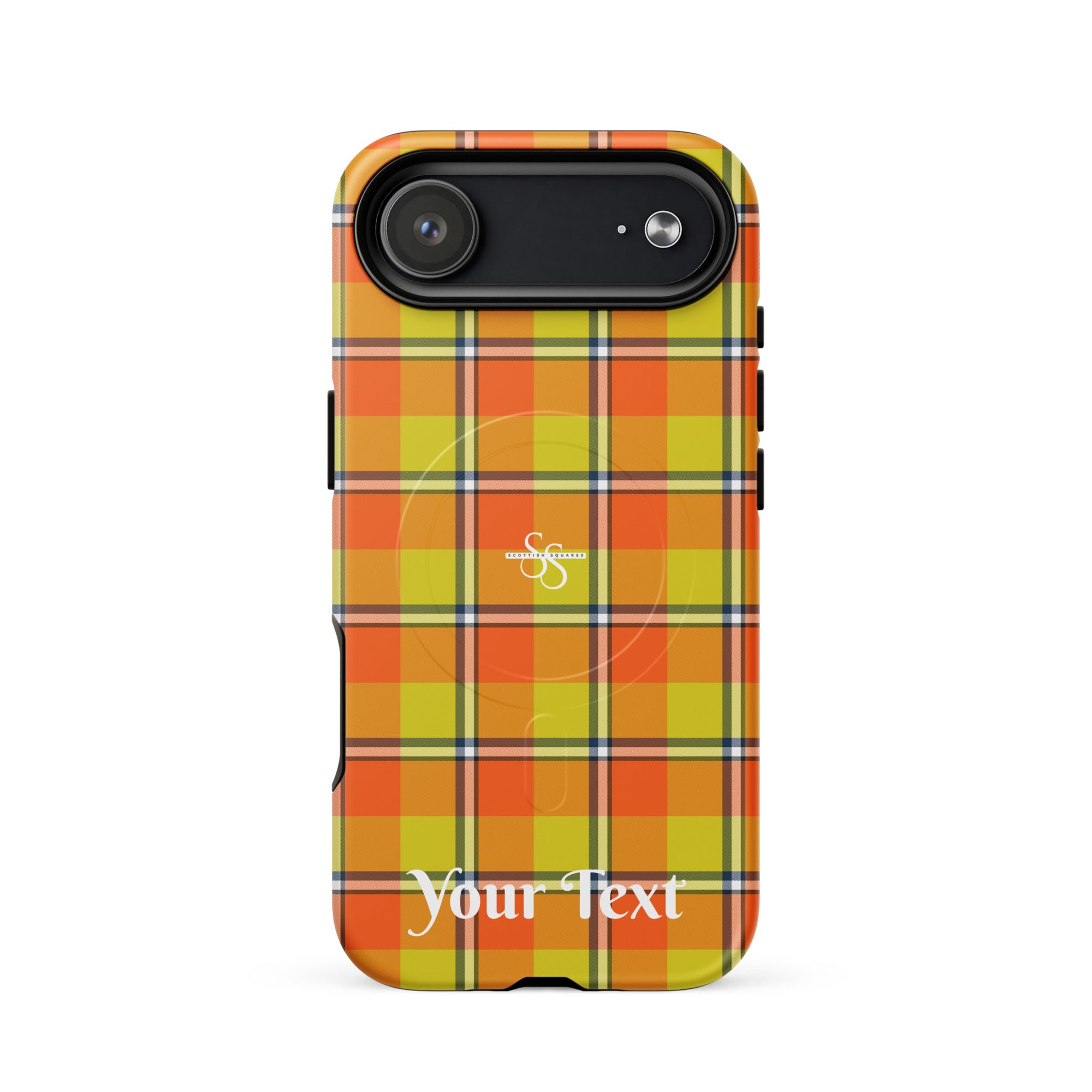 Personalized Blaze Orange and Bird Flower Plaid iPhone MagSafe Tough Case - Scottish Squares