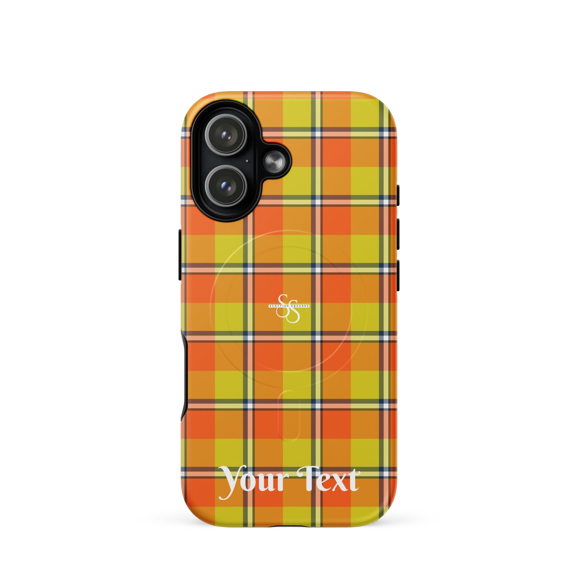 Personalized Blaze Orange and Bird Flower Plaid iPhone MagSafe Tough Case - Scottish Squares
