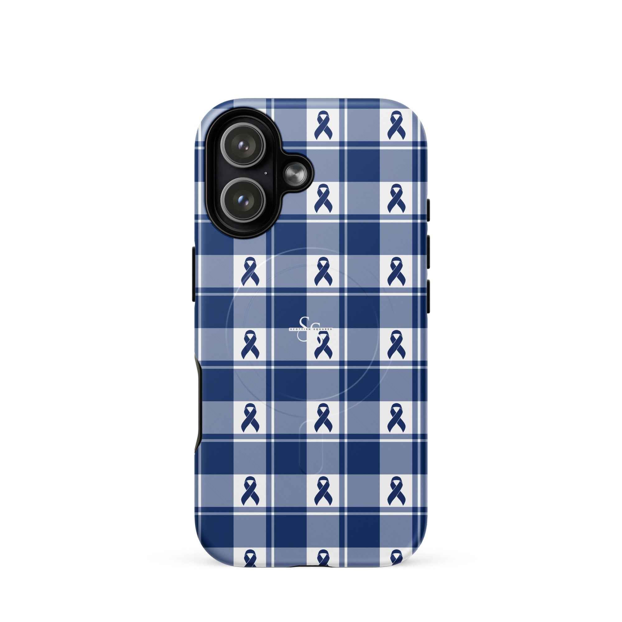 MagSafe Tough Case for iPhone Colorectal Cancer Awareness Plaid, Dark Blue Ribbon, Supportive Gift iPhone 17 - Scottish Squares
