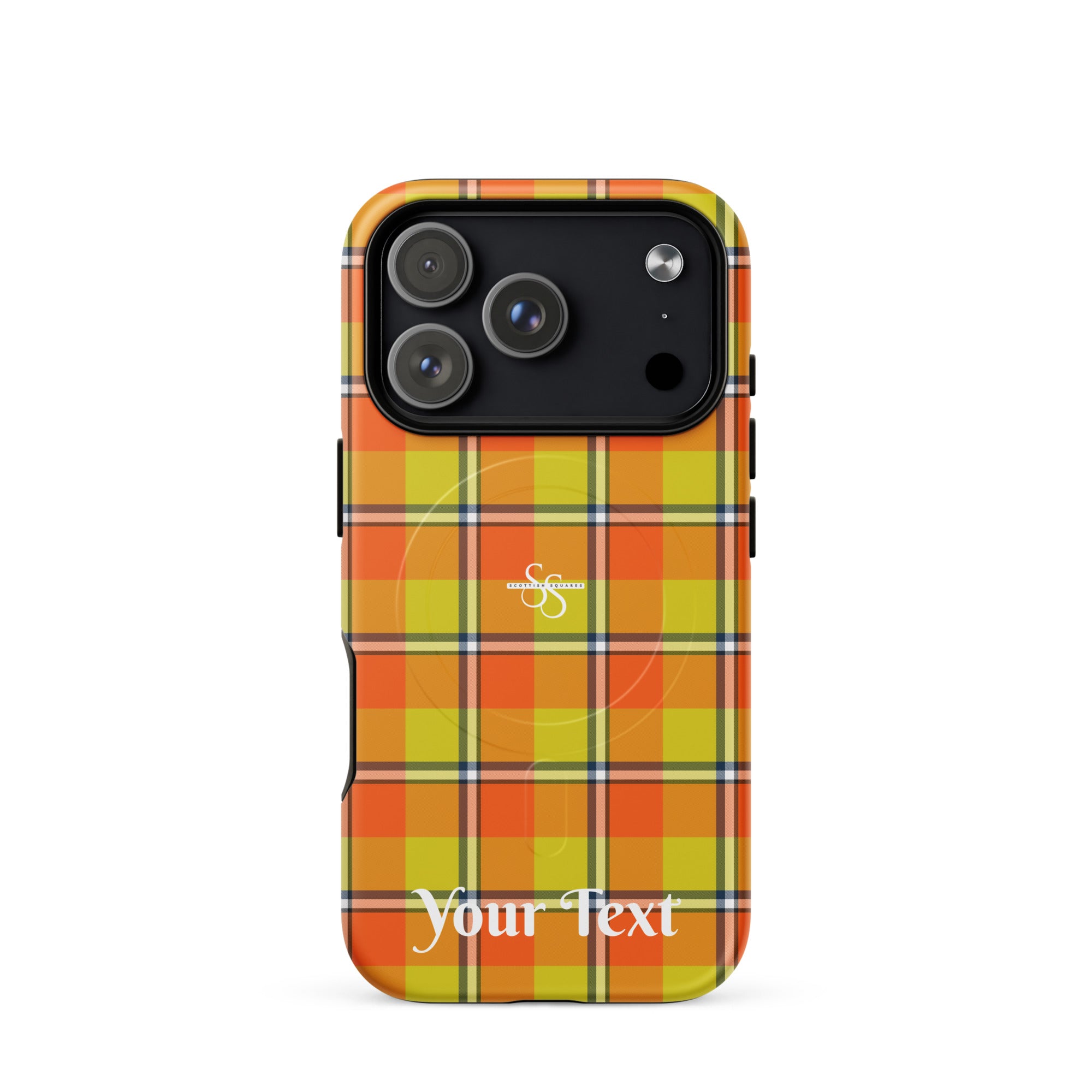 Personalized Blaze Orange and Bird Flower Plaid iPhone MagSafe Tough Case - Scottish Squares