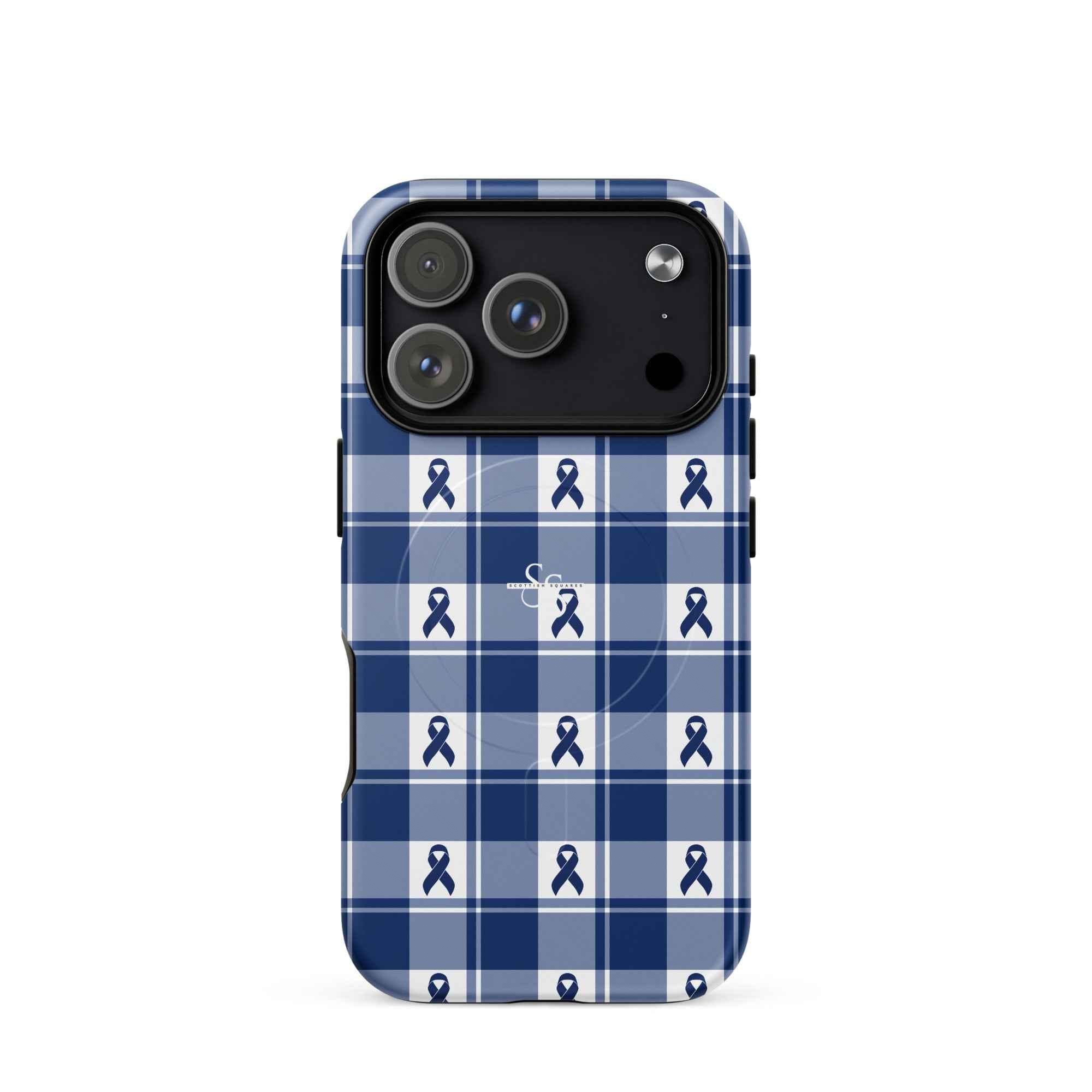 MagSafe Tough Case for iPhone Colorectal Cancer Awareness Plaid, Dark Blue Ribbon, Supportive Gift iPhone 17 Pro - Scottish Squares