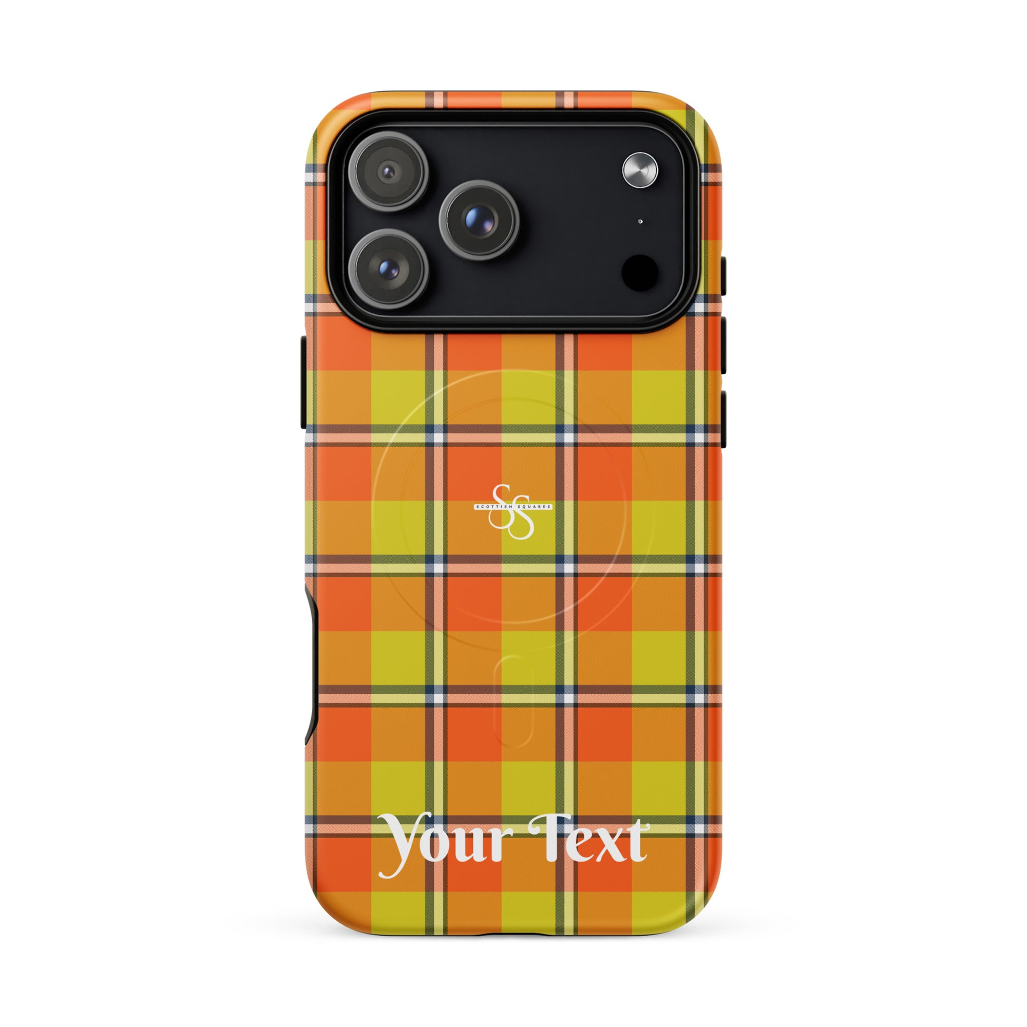 Personalized Blaze Orange and Bird Flower Plaid iPhone MagSafe Tough Case - Scottish Squares