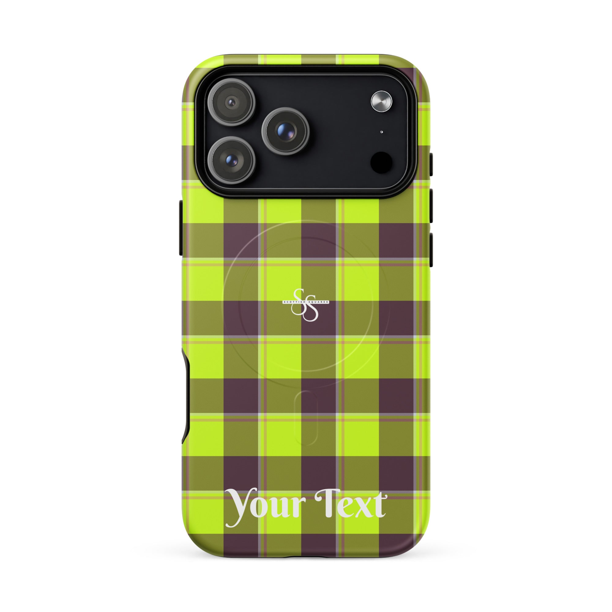 Personalized Electric Lime and Livid Brown Plaid iPhone MagSafe Tough Case - Scottish Squares