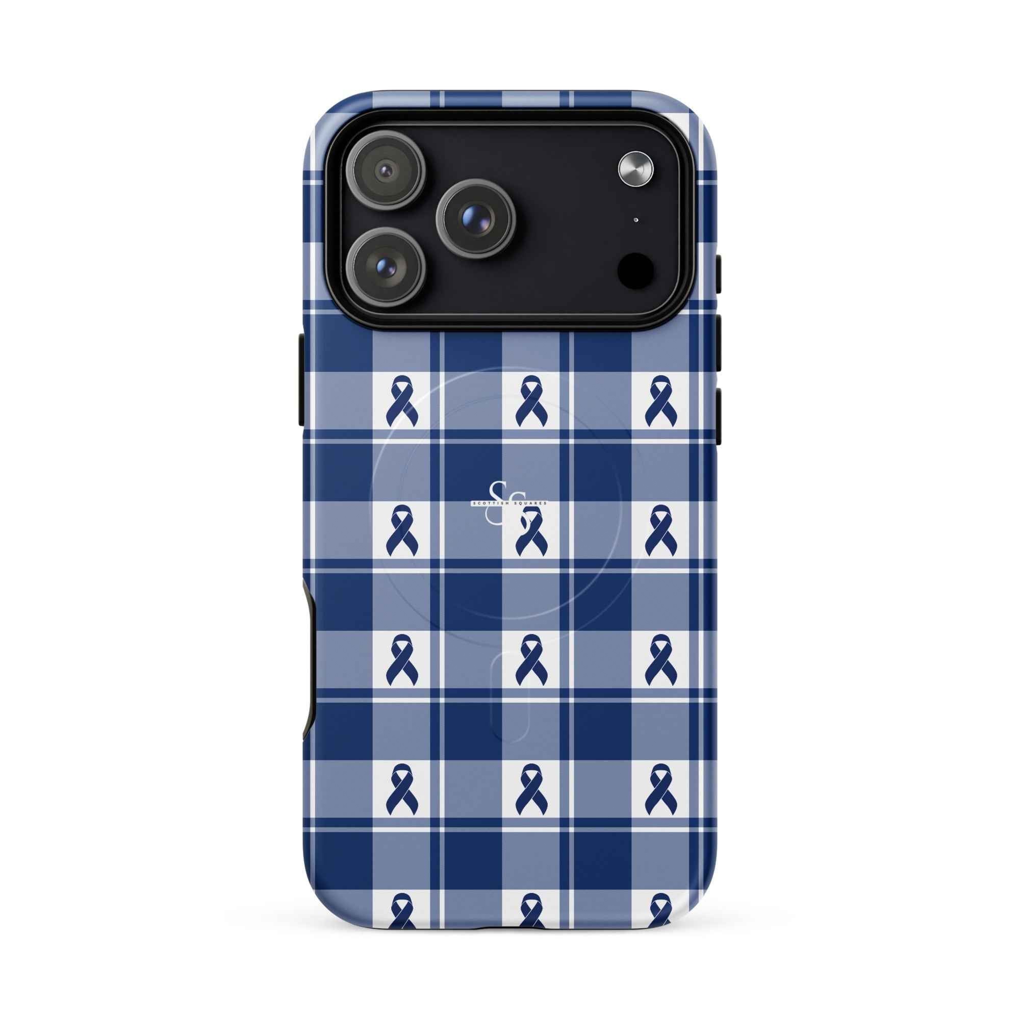 MagSafe Tough Case for iPhone Colorectal Cancer Awareness Plaid, Dark Blue Ribbon, Supportive Gift iPhone 17 Pro Max - Scottish Squares