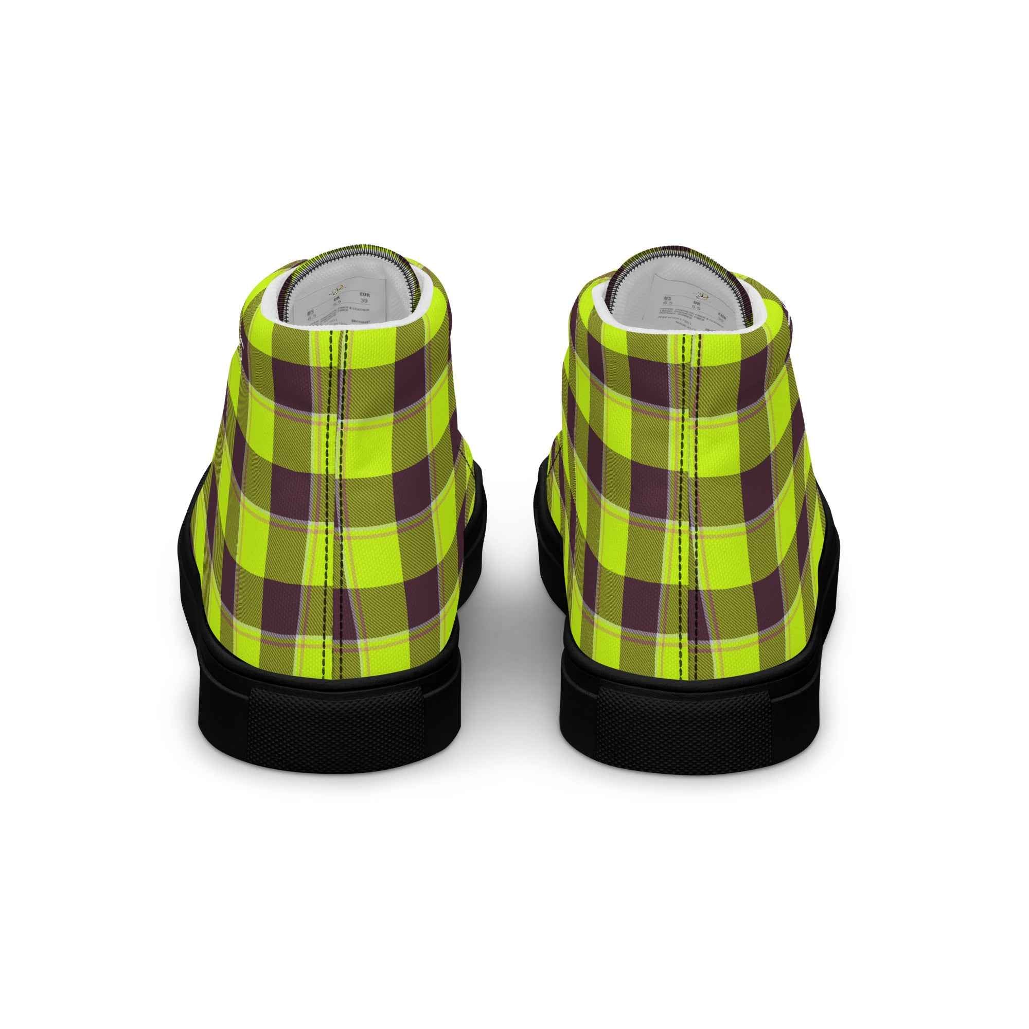 Men’s High Top Canvas Shoes Electric Lime and Livid Brown Plaid - Scottish Squares