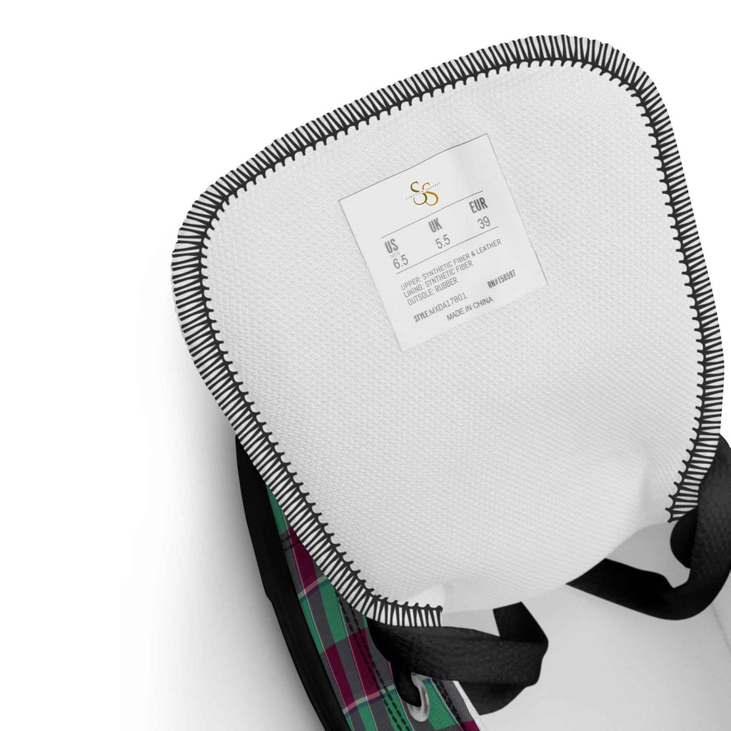 Men’s High Top Canvas Shoes Ocean Green and Mulberry Wood Plaid - Scottish Squares