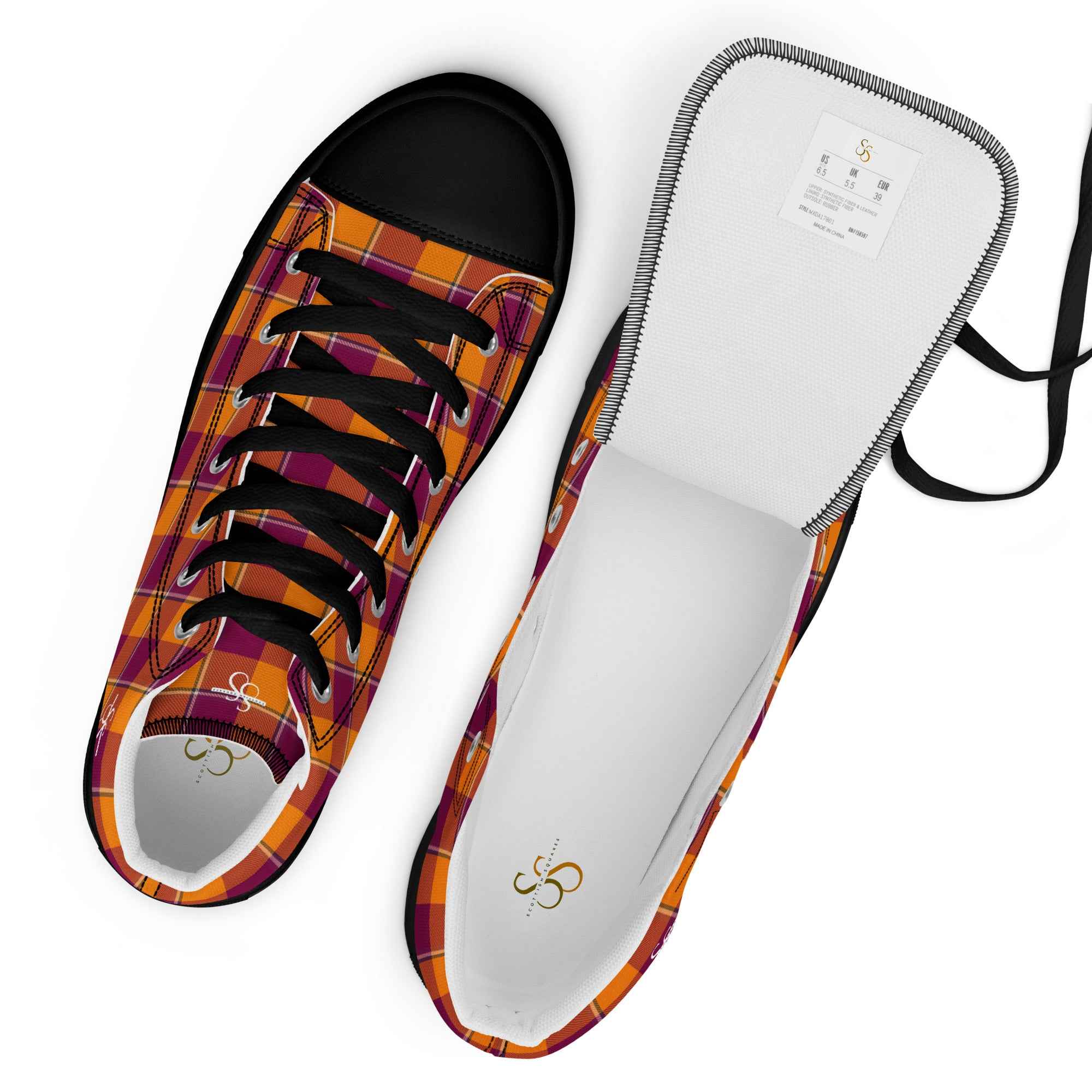 Men’s High Top Canvas Shoes Tahiti Gold and Rose Bud Cherry Plaid - Scottish Squares