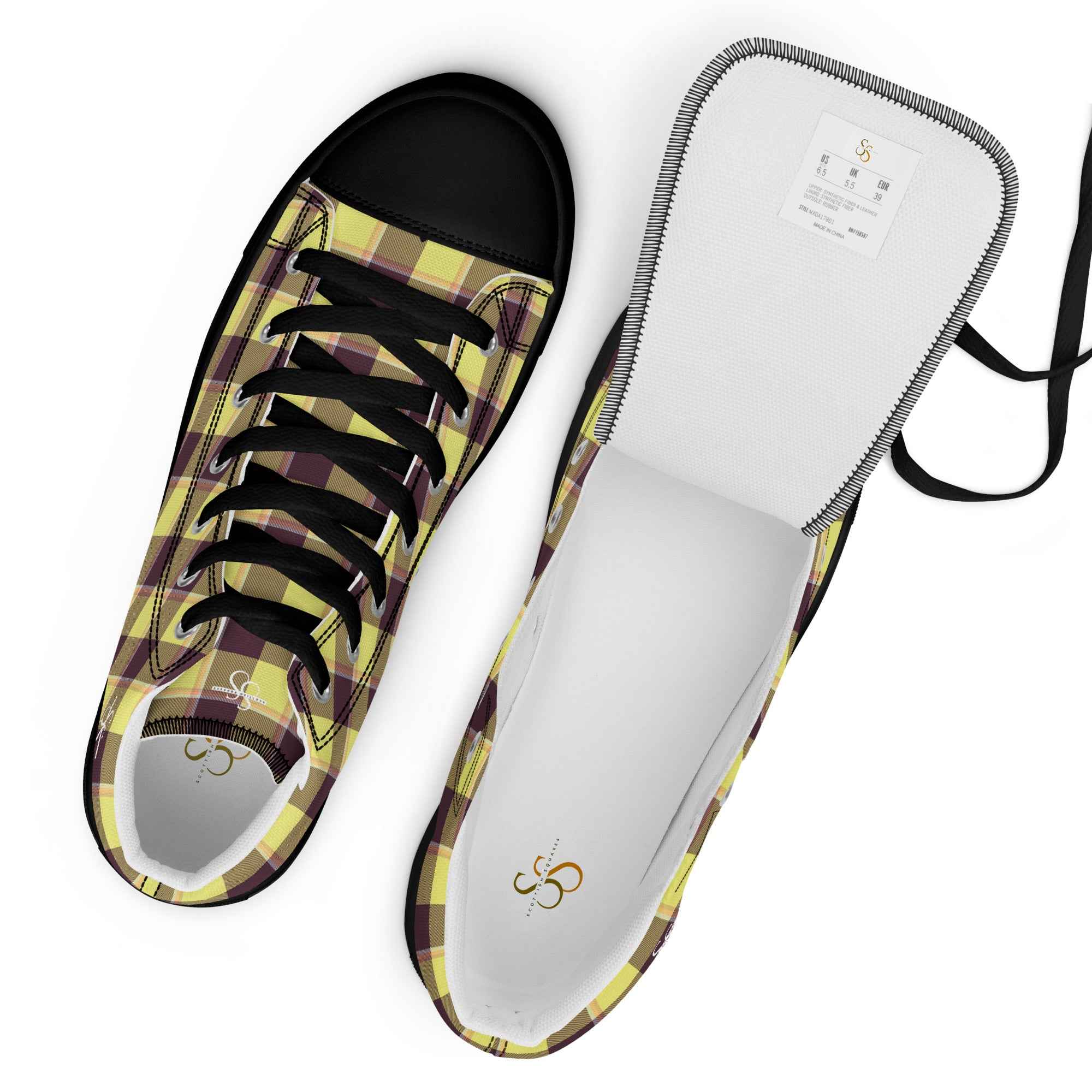 Men’s High Top Canvas Shoes Flax and Livid Brown Plaid - Scottish Squares