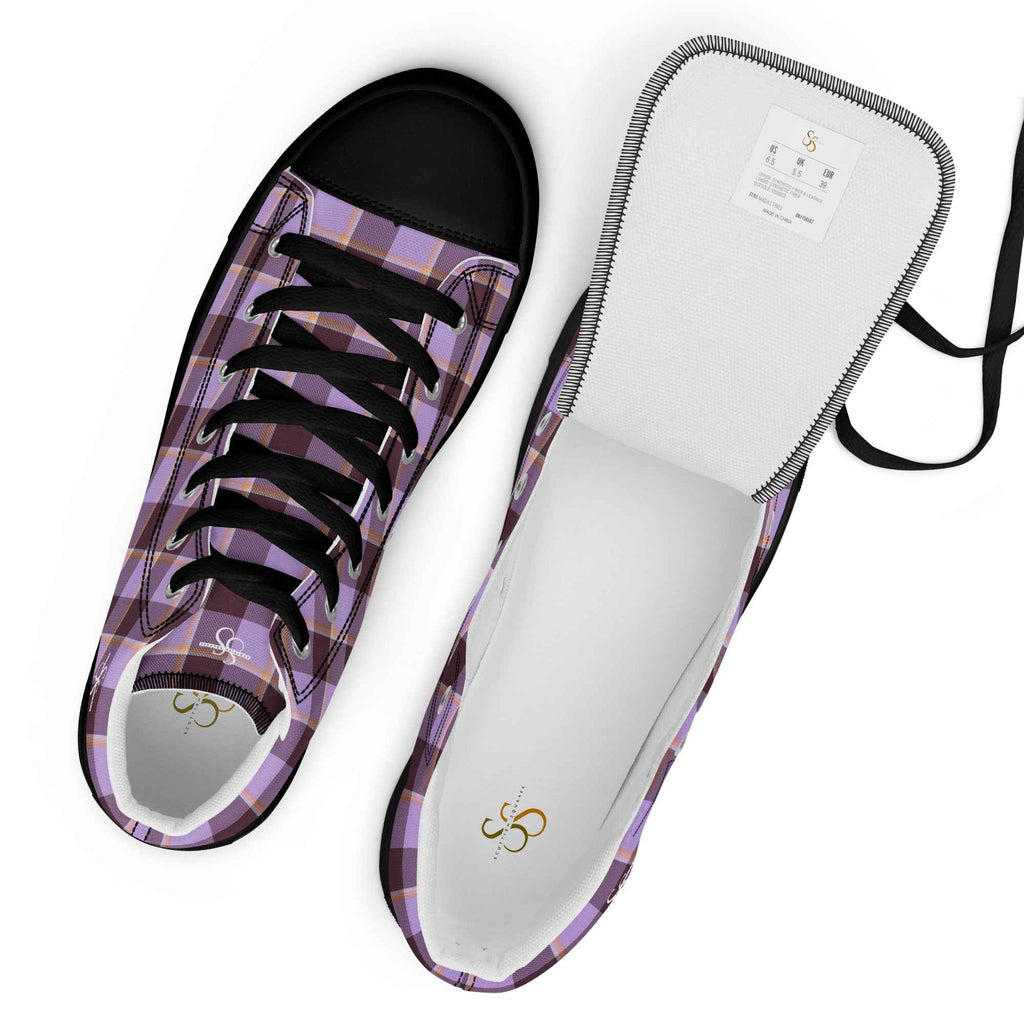 Men’s High Top Canvas Shoes Light Wisteria and Livid Brown Plaid - Scottish Squares