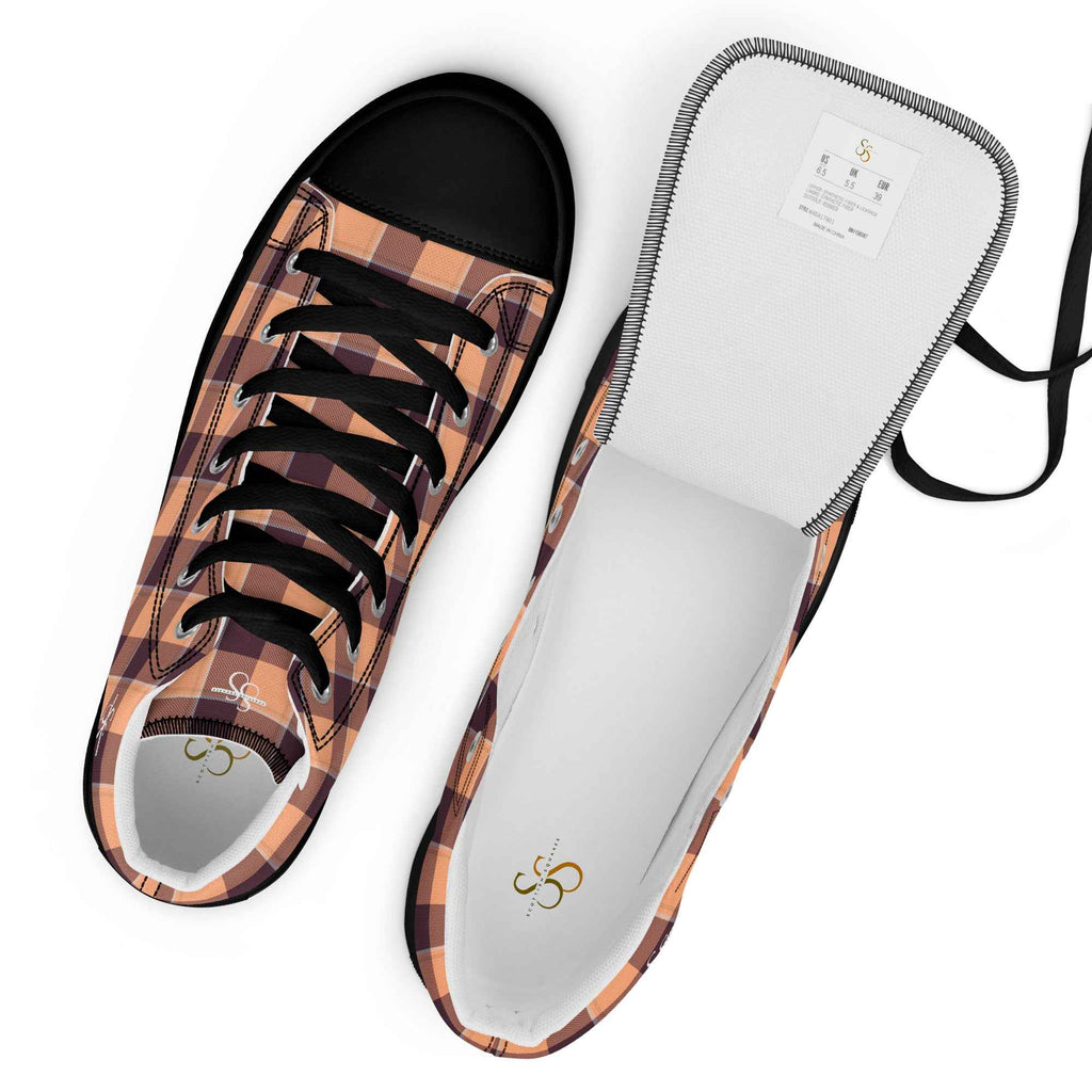 Men’s High Top Canvas Shoes Hit Pink and Livid Brown Plaid - Scottish Squares