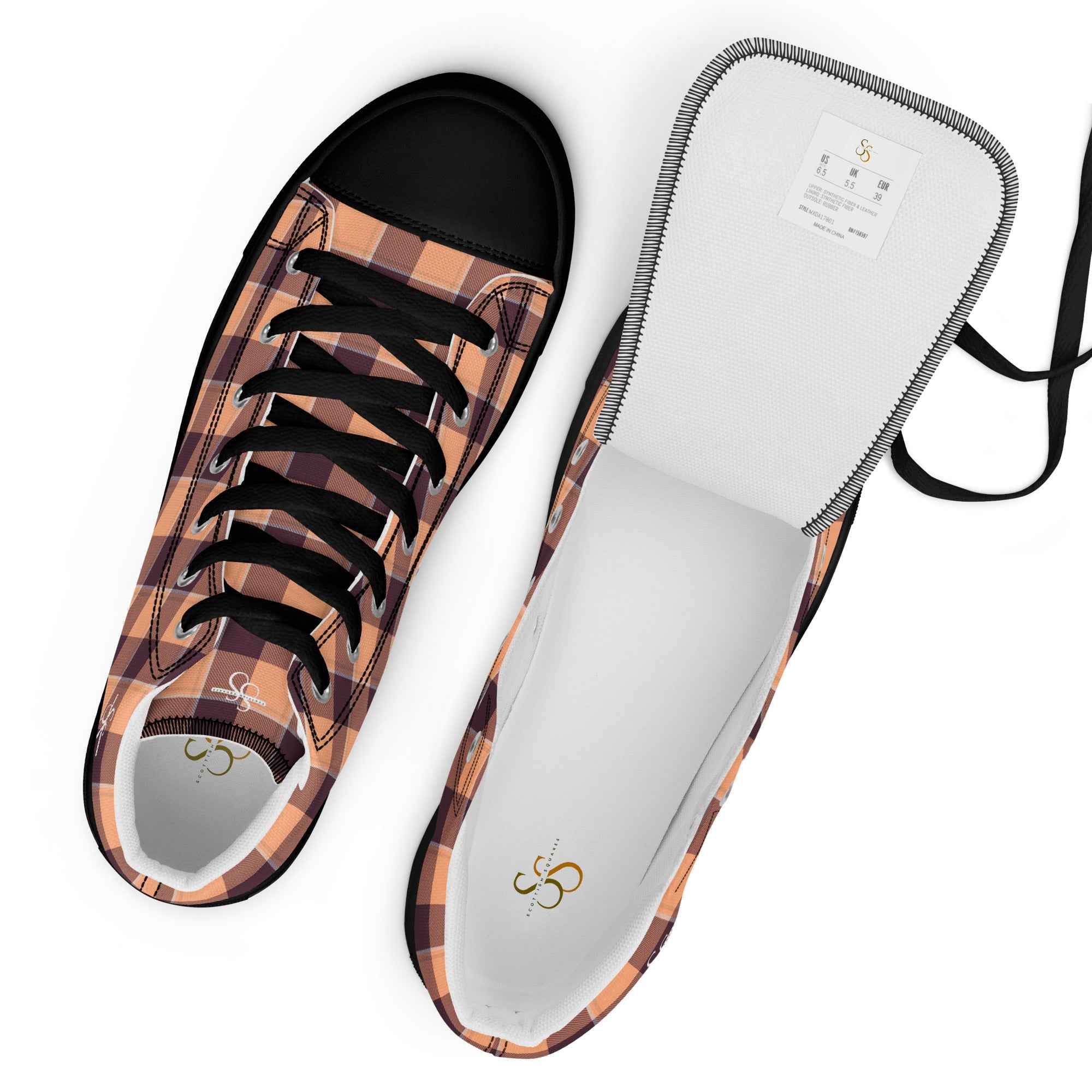 Men’s High Top Canvas Shoes Hit Pink and Livid Brown Plaid - Scottish Squares