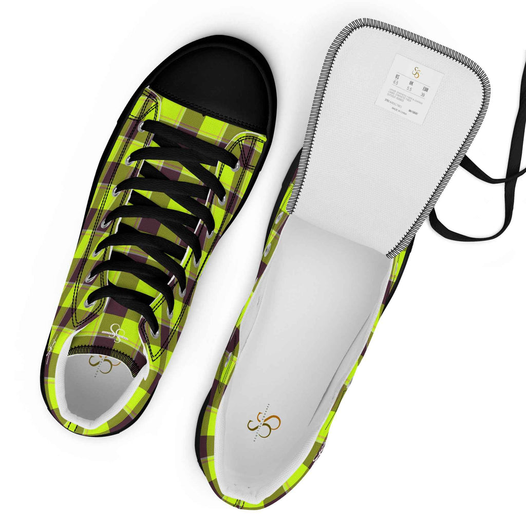 Men’s High Top Canvas Shoes Electric Lime and Livid Brown Plaid - Scottish Squares