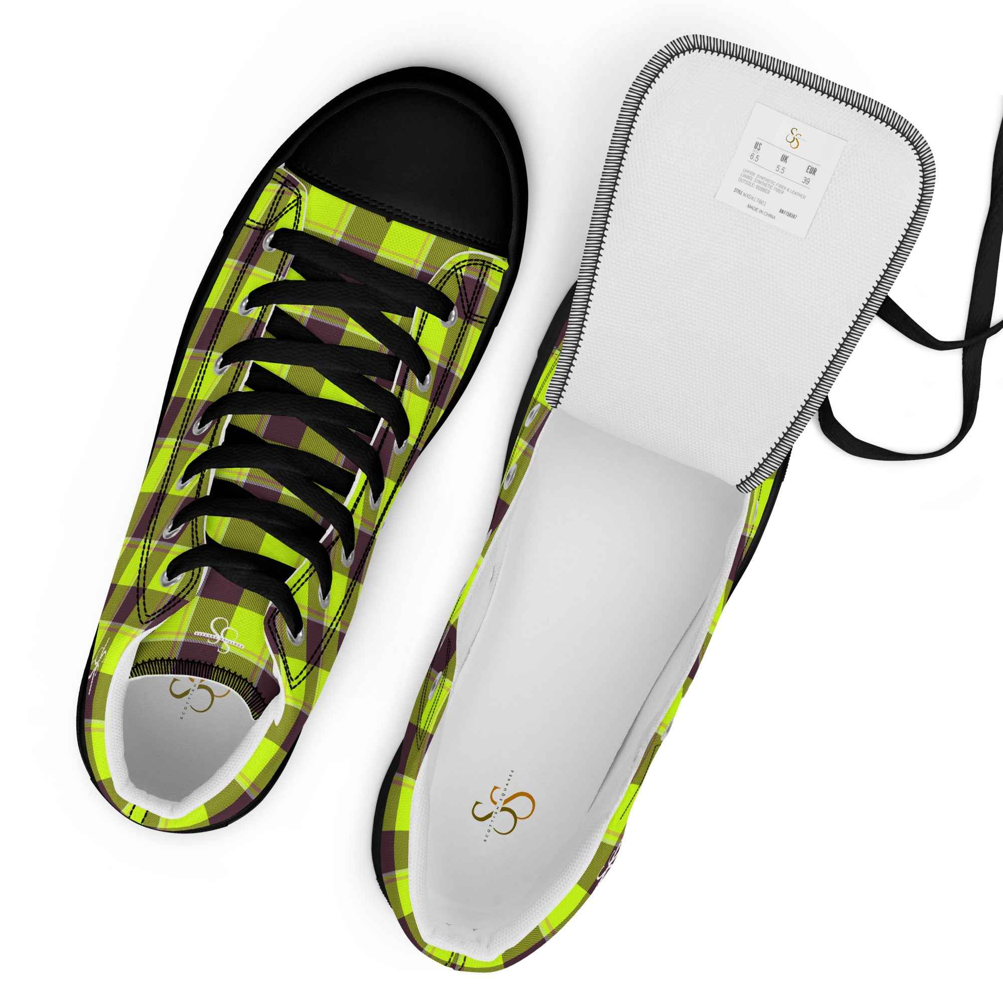 Men’s High Top Canvas Shoes Electric Lime and Livid Brown Plaid - Scottish Squares