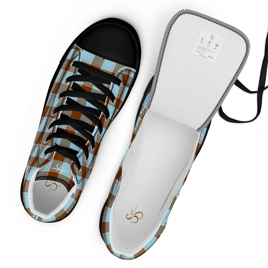 Men’s High Top Canvas Shoes Blizzard Blue and Livid Brown Plaid - Scottish Squares