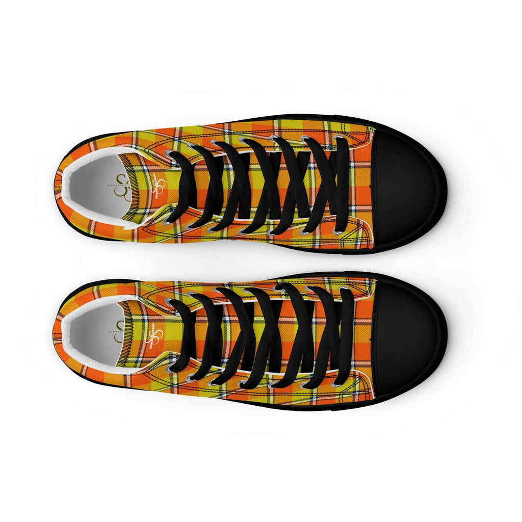 Men’s High Top Canvas Shoes Blaze Orange and Bird Flower Plaid - Scottish Squares