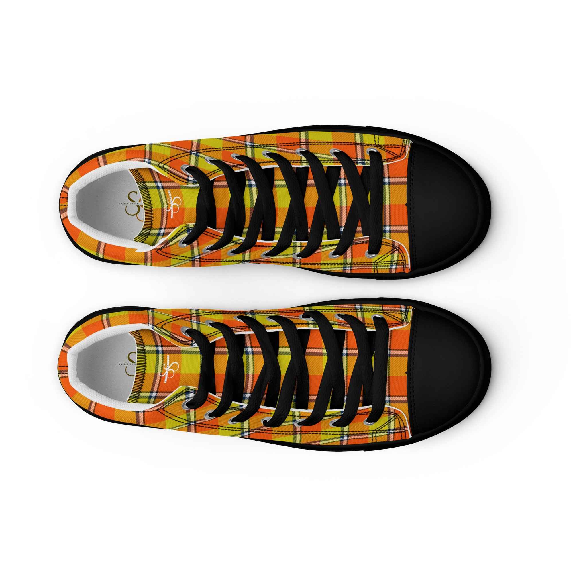 Men’s High Top Canvas Shoes Blaze Orange and Bird Flower Plaid - Scottish Squares