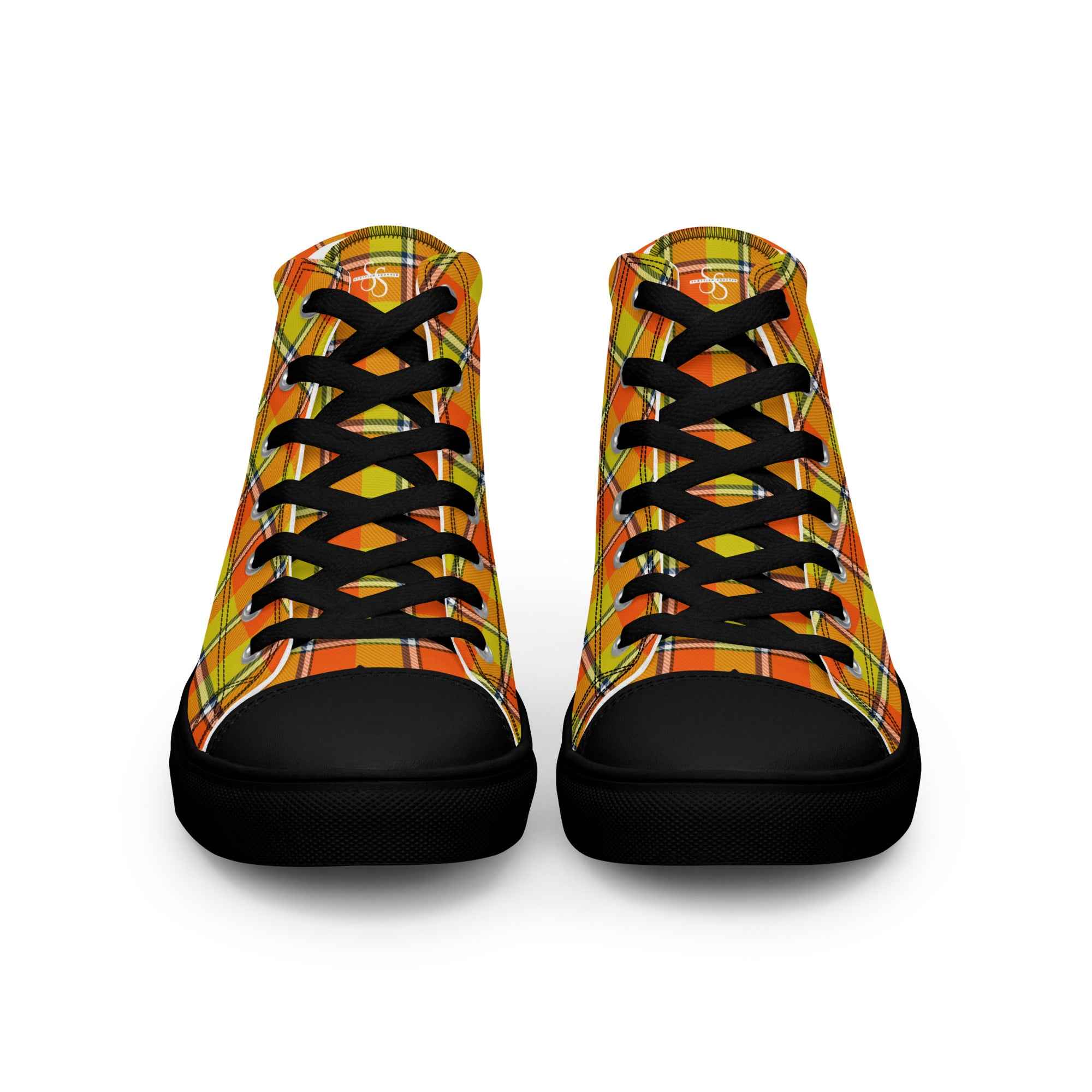 Men’s High Top Canvas Shoes Blaze Orange and Bird Flower Plaid - Scottish Squares