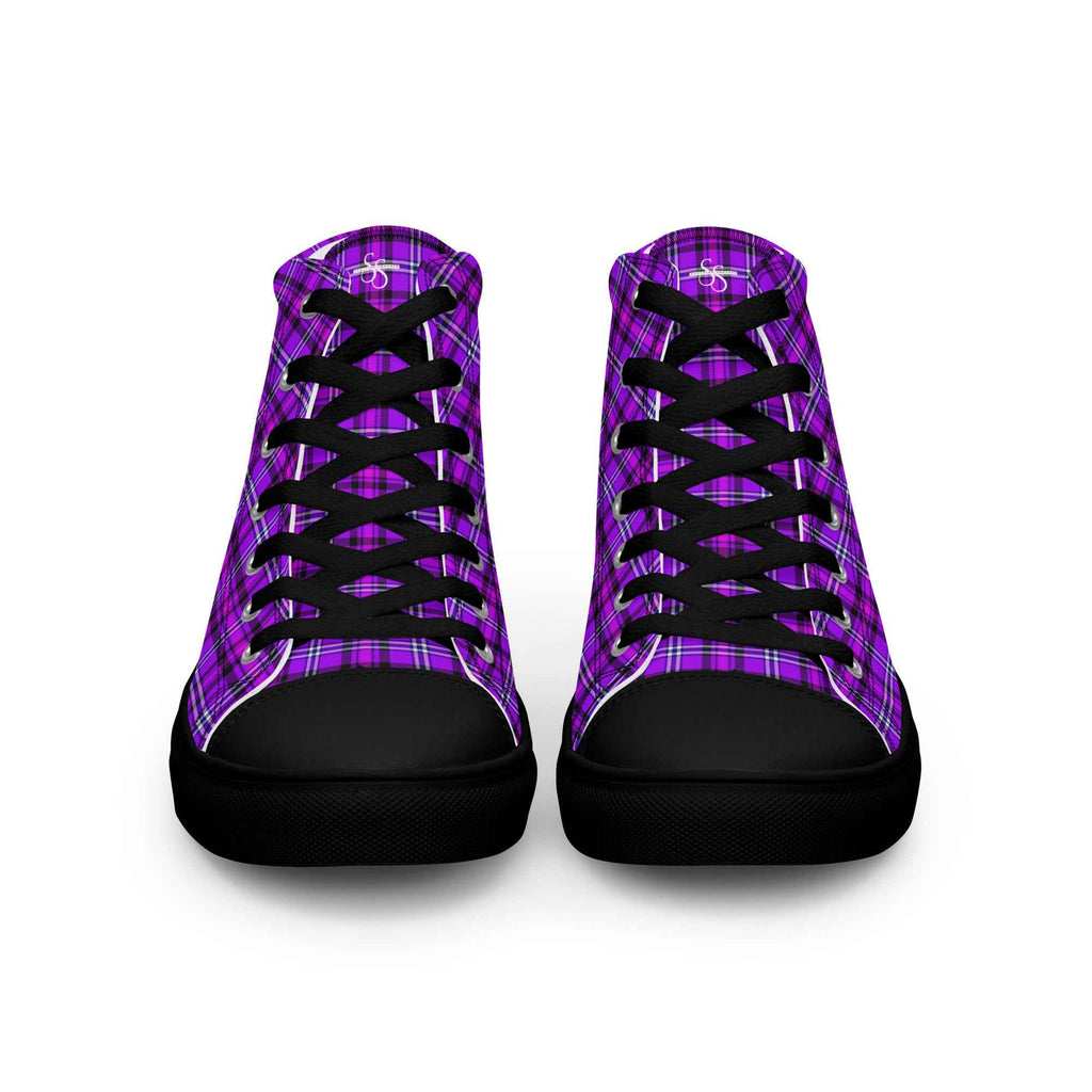Men’s High Top Canvas Shoes Electric Violet and Fuchsia Plaid - Scottish Squares