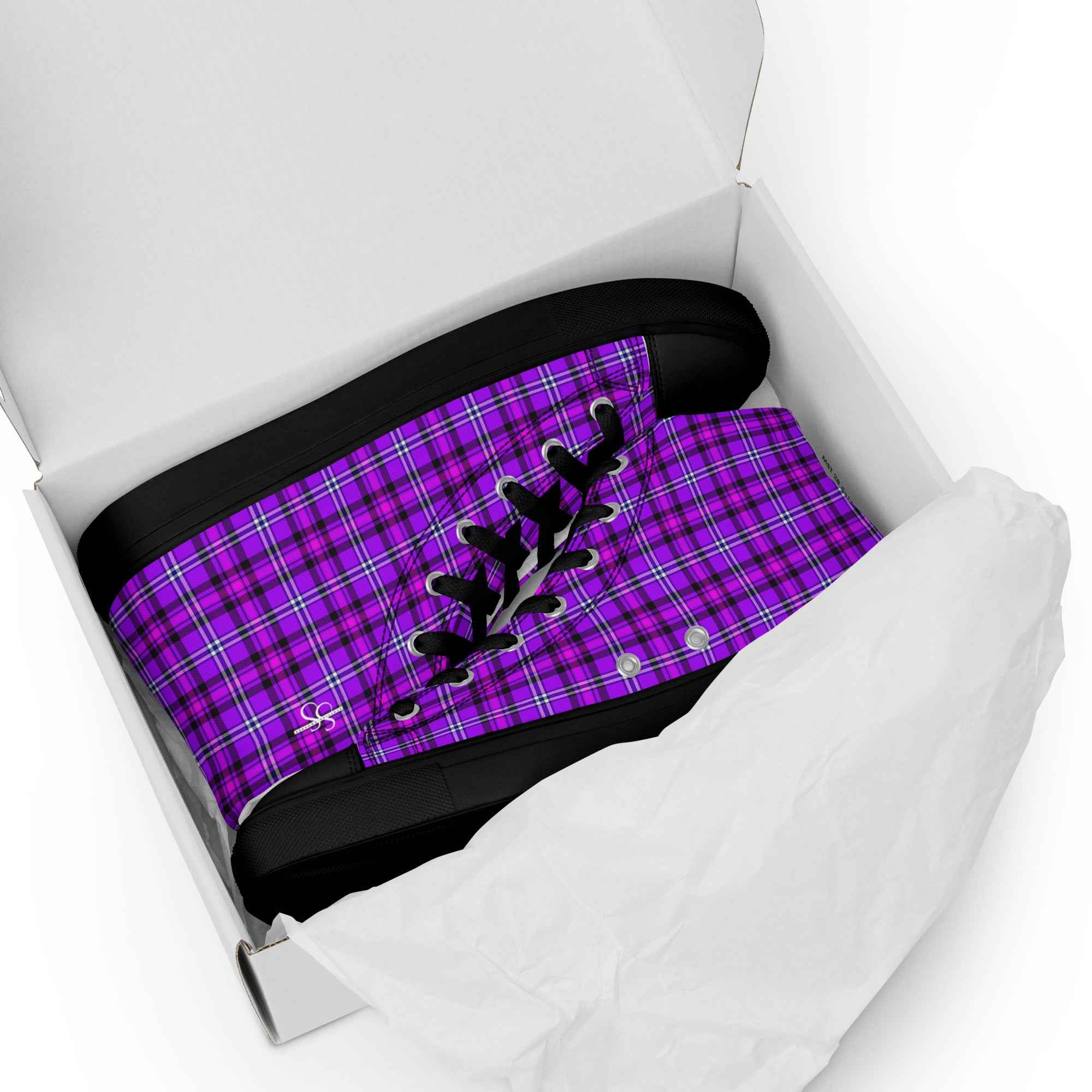 Men’s High Top Canvas Shoes Electric Violet and Fuchsia Plaid - Scottish Squares