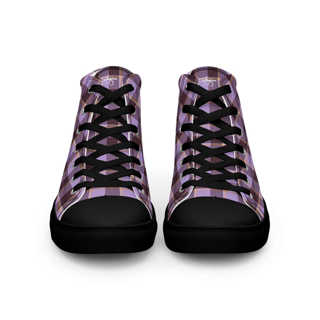 Men’s High Top Canvas Shoes Light Wisteria and Livid Brown Plaid - Scottish Squares