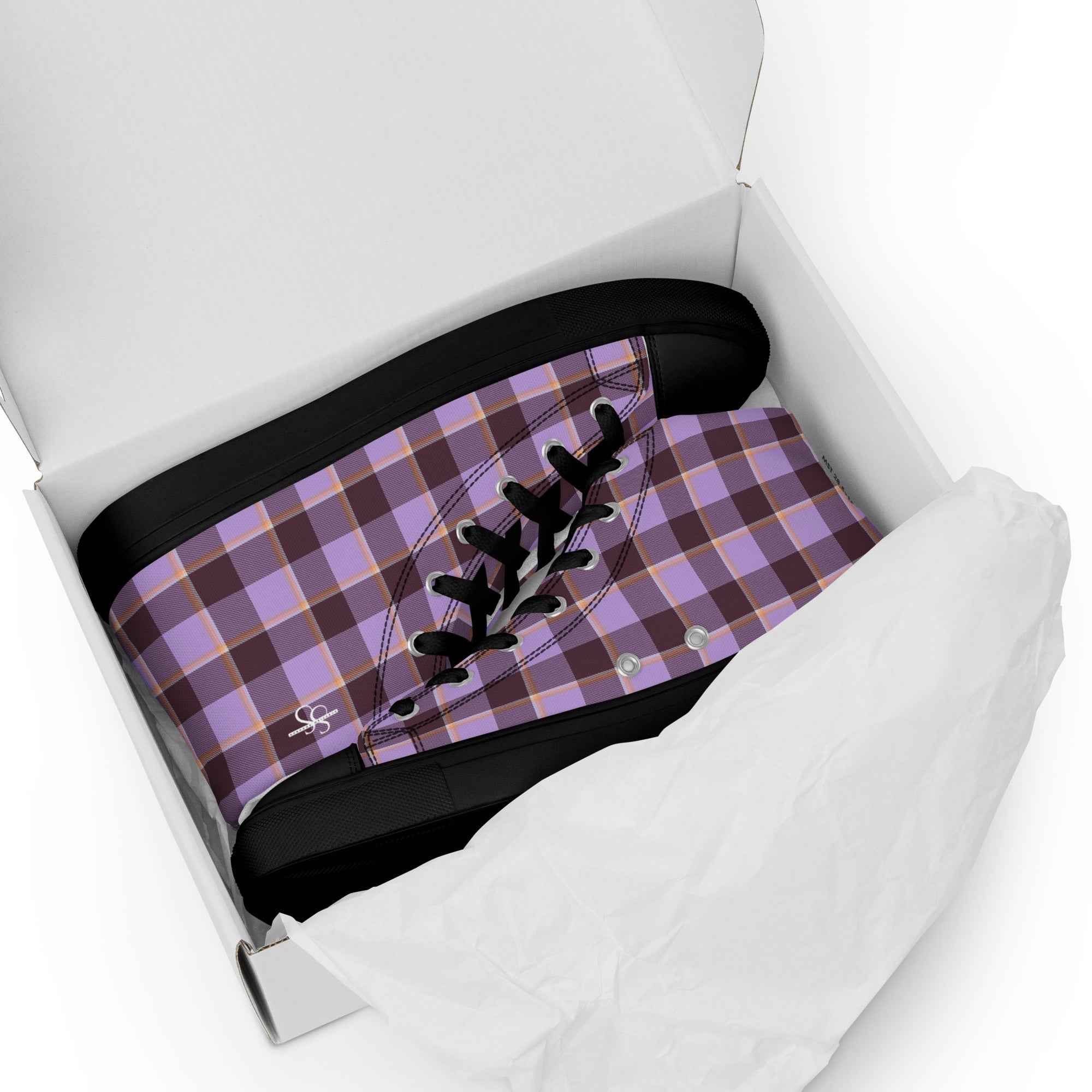 Men’s High Top Canvas Shoes Light Wisteria and Livid Brown Plaid - Scottish Squares