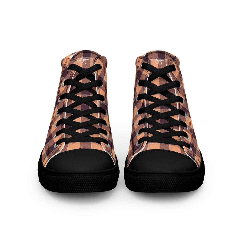 Men’s High Top Canvas Shoes Hit Pink and Livid Brown Plaid - Scottish Squares