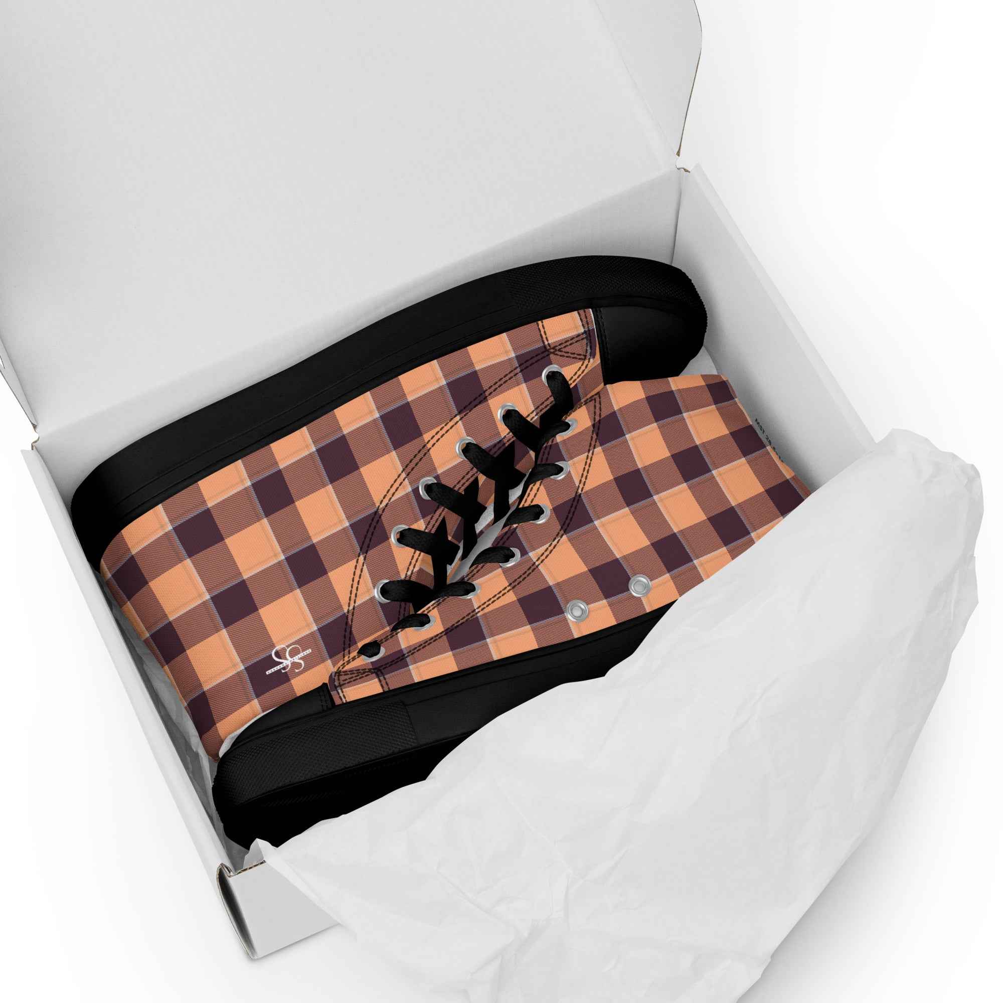 Men’s High Top Canvas Shoes Hit Pink and Livid Brown Plaid - Scottish Squares