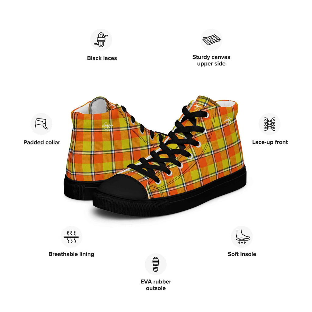 Men’s High Top Canvas Shoes Blaze Orange and Bird Flower Plaid - Scottish Squares