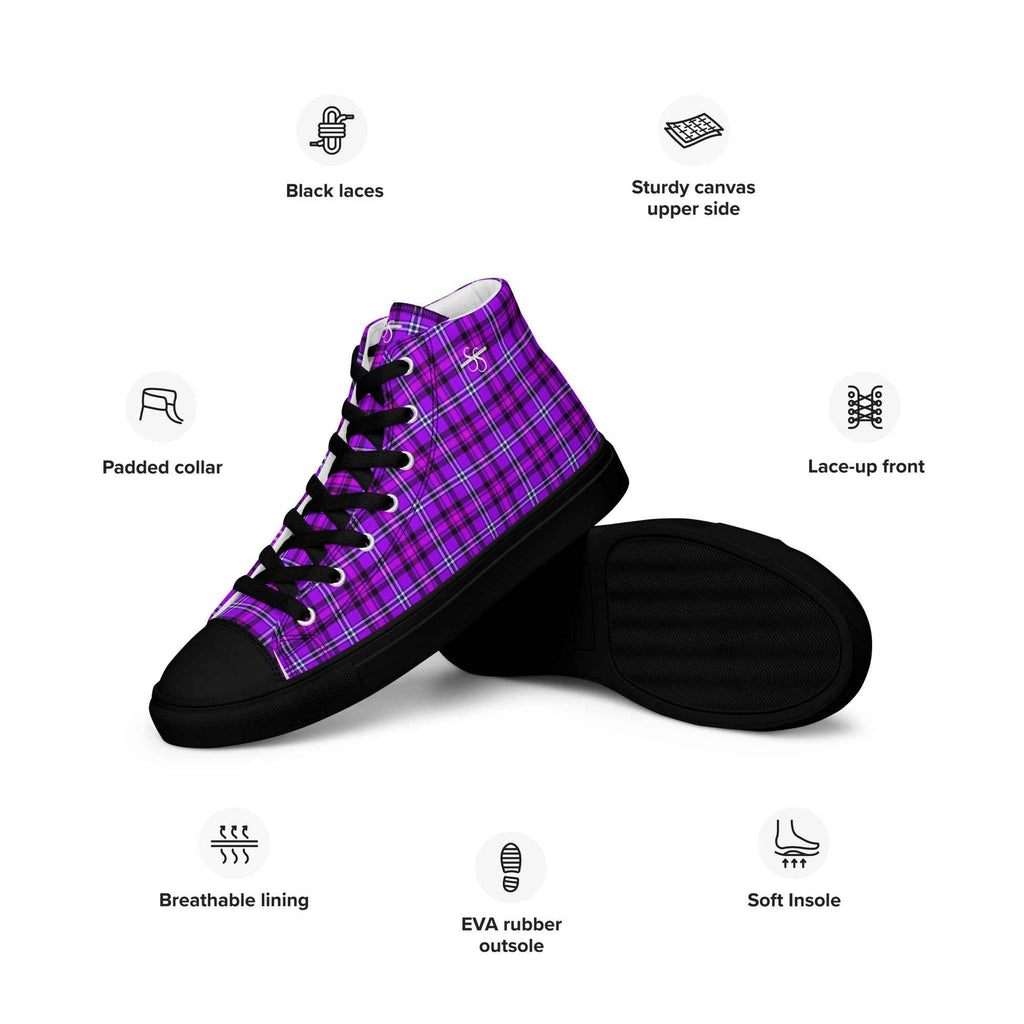 Men’s High Top Canvas Shoes Electric Violet and Fuchsia Plaid - Scottish Squares