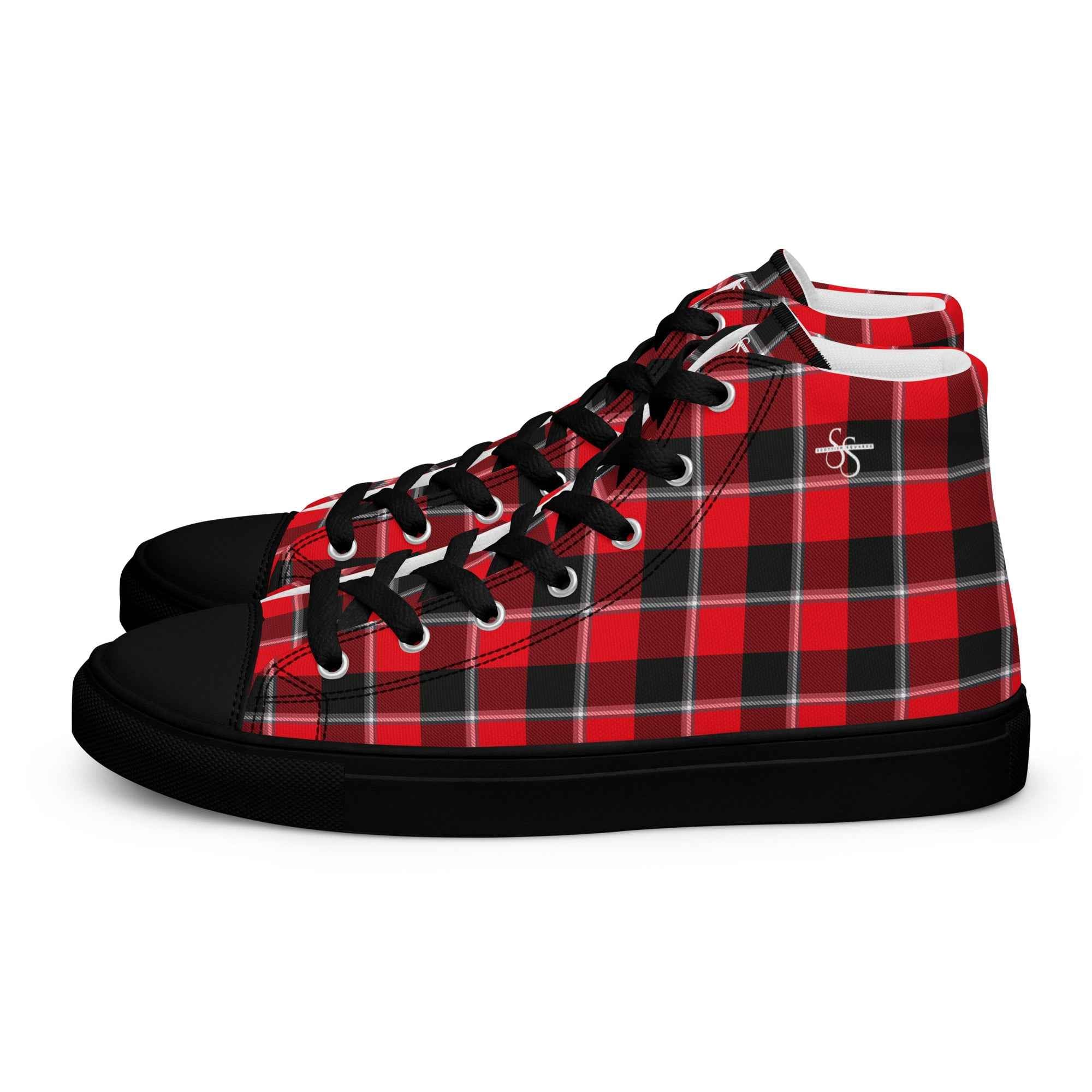 Men’s High Top Canvas Shoes Red Ribbon and Heavy Metal Plaid - Scottish Squares