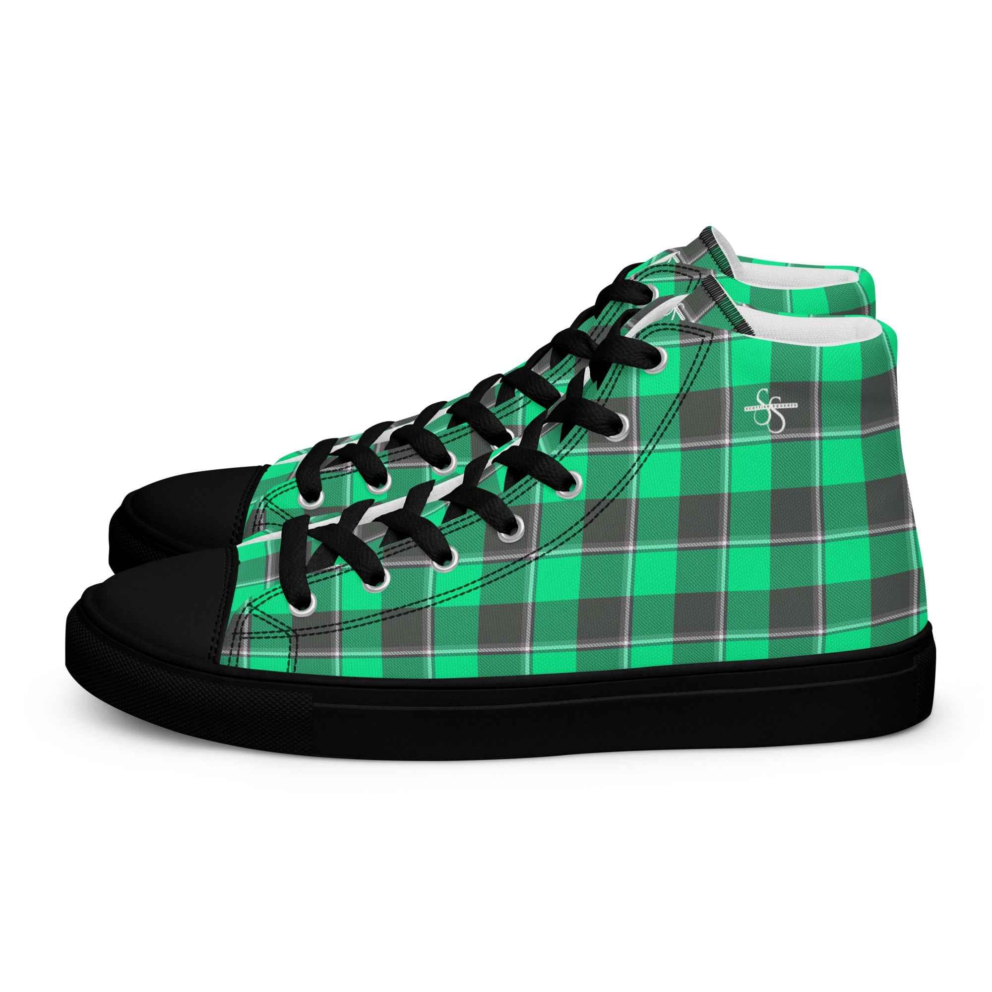 Men’s High Top Canvas Shoes Spring Green and Finlandia Plaid - Scottish Squares