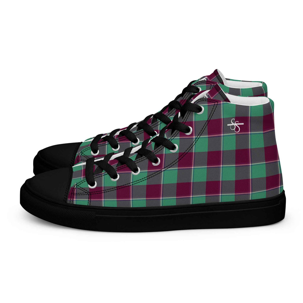 Men’s High Top Canvas Shoes Ocean Green and Mulberry Wood Plaid - Scottish Squares