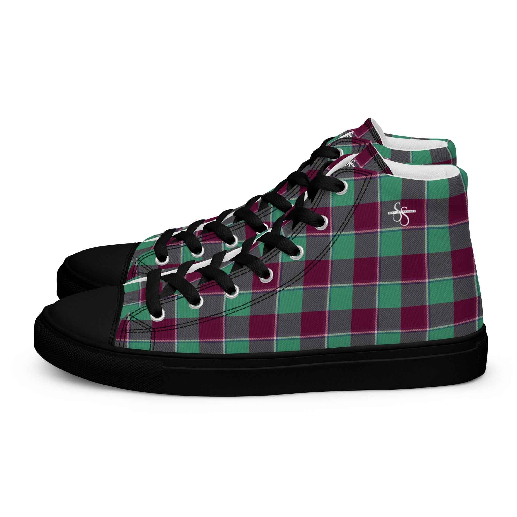 Men’s High Top Canvas Shoes Ocean Green and Mulberry Wood Plaid - Scottish Squares
