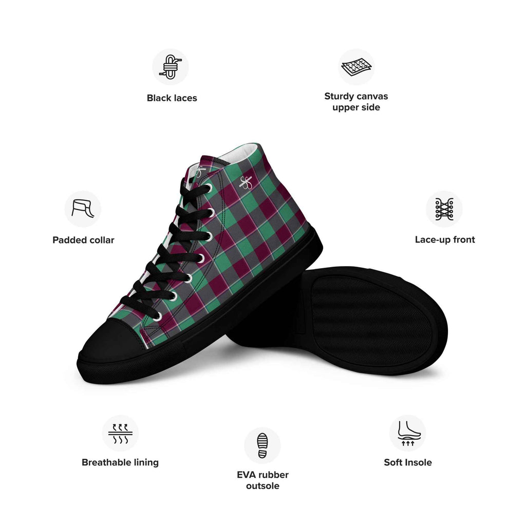Men’s High Top Canvas Shoes Ocean Green and Mulberry Wood Plaid - Scottish Squares