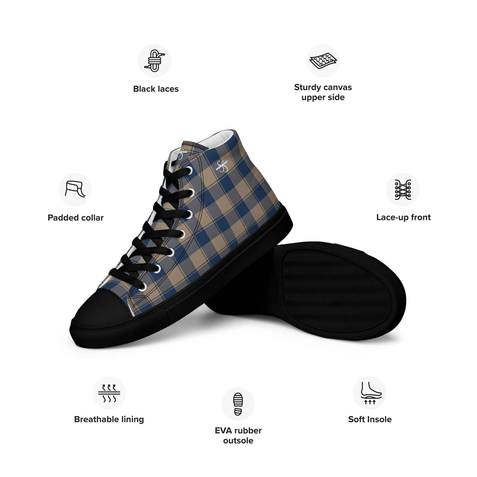 Men’s High Top Canvas Shoes Cello and Donkey Brown Plaid - Scottish Squares