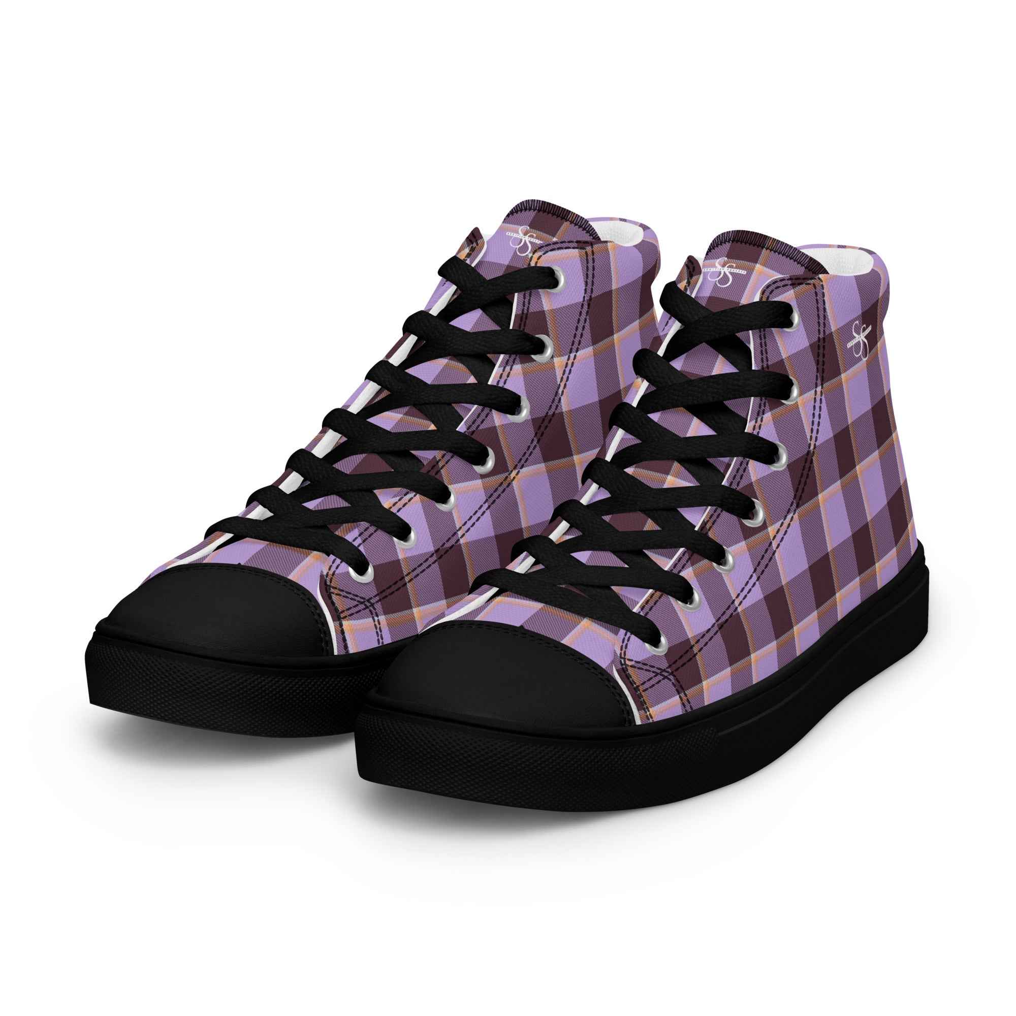 Men’s High Top Canvas Shoes Light Wisteria and Livid Brown Plaid - Scottish Squares