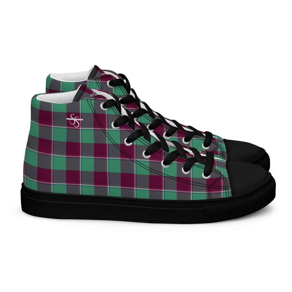 Men’s High Top Canvas Shoes Ocean Green and Mulberry Wood Plaid 13 - Scottish Squares